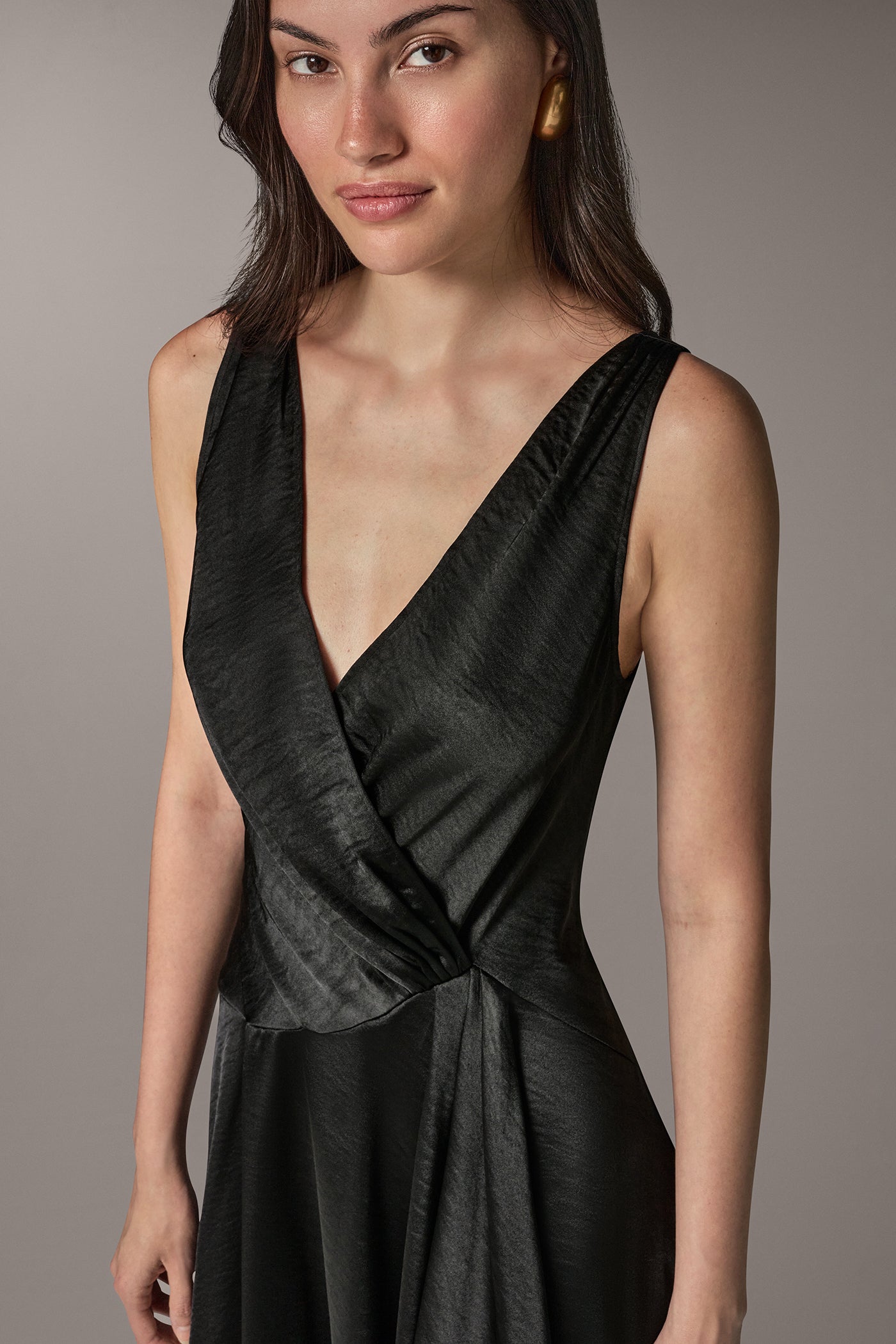 Donna Karan Women's Satin Sleeveless Surplice-Neck Draped A-Line Midi Dress - Black