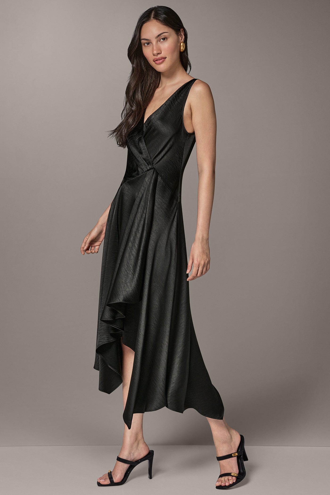 Donna Karan Women's Satin Sleeveless Surplice-Neck Draped A-Line Midi Dress - Black