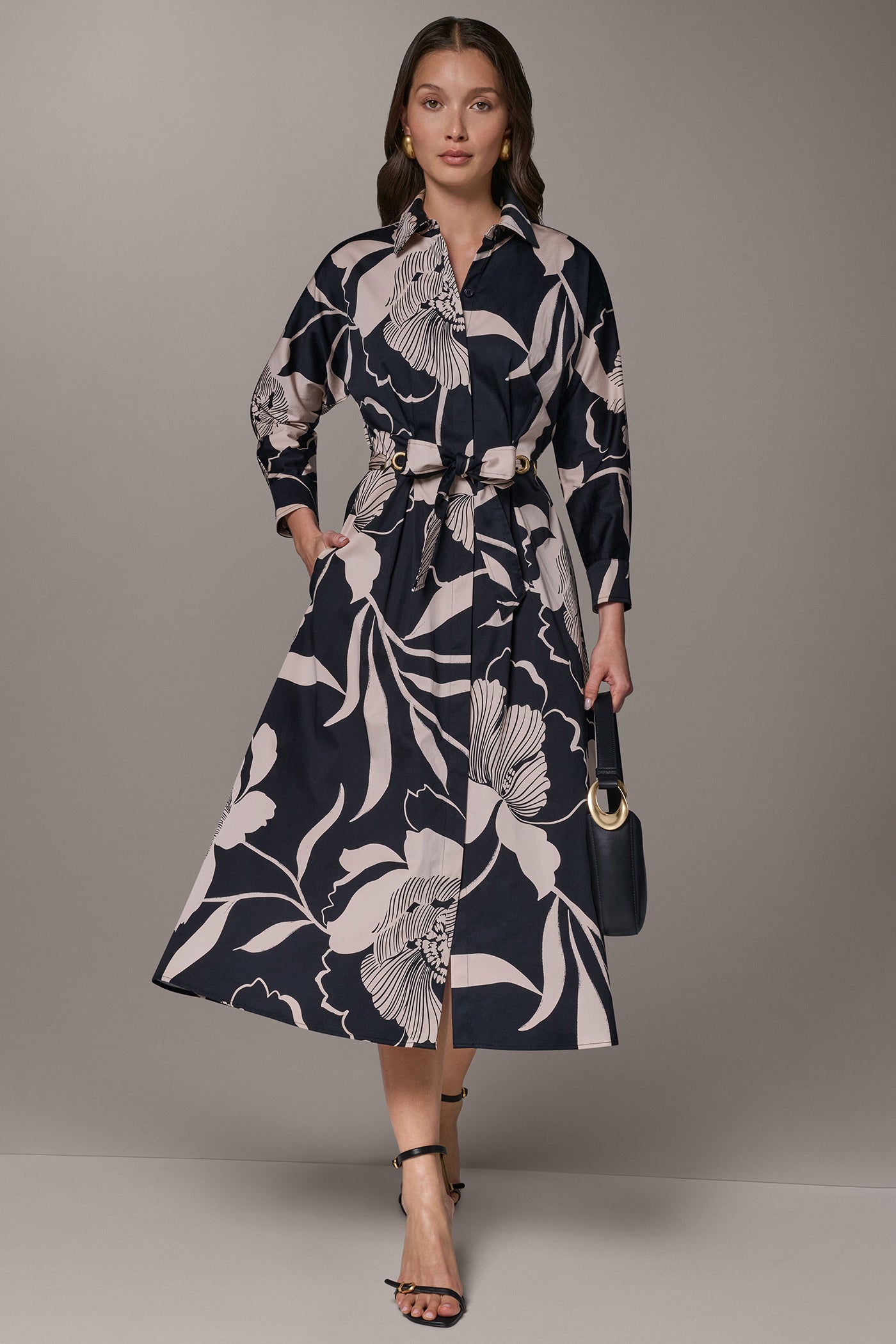 Donna Karan Women's Floral Midi Shirt Dress in Black/Oat Milk, Size 8