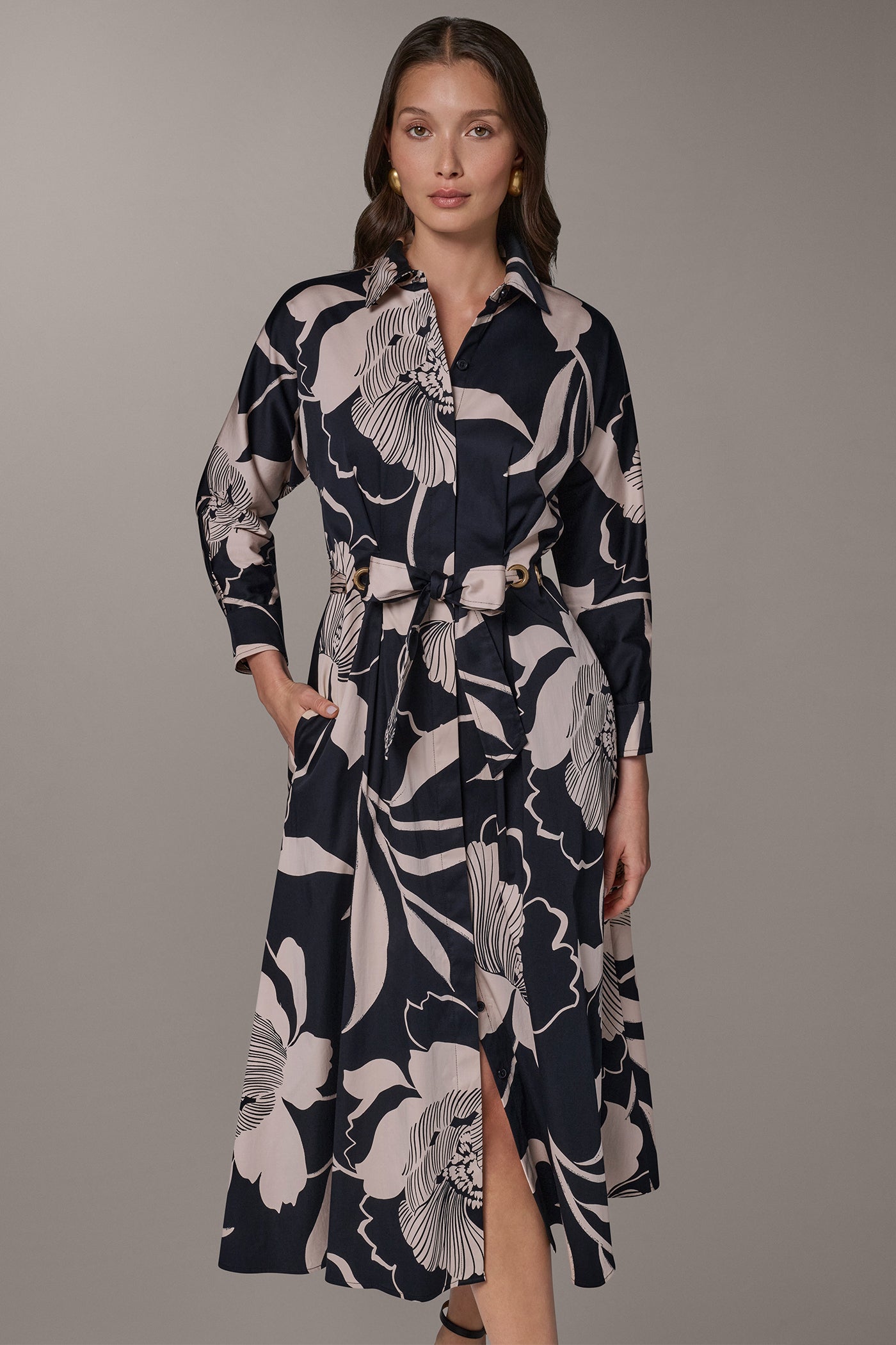 Donna Karan Women's Floral Midi Shirt Dress in Black/Oat Milk, Size 8