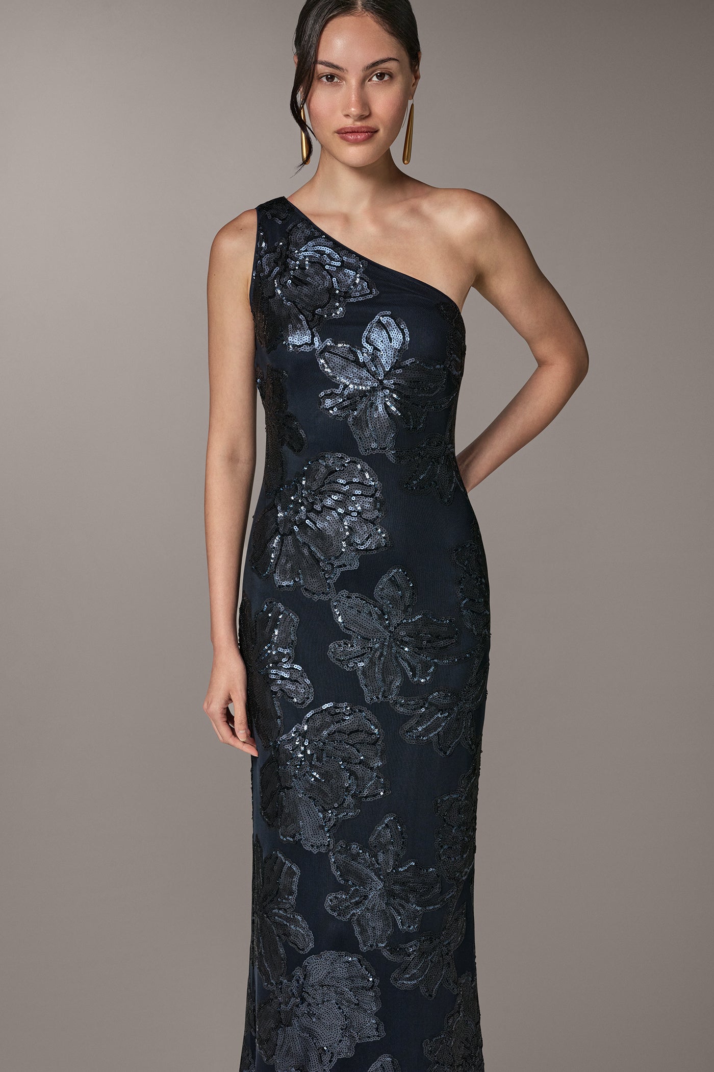 ONE SHOULDER FLORAL SEQUIN GOWN VIEW 6