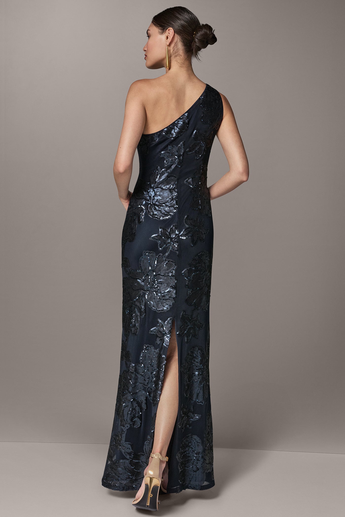 ONE SHOULDER FLORAL SEQUIN GOWN VIEW 3