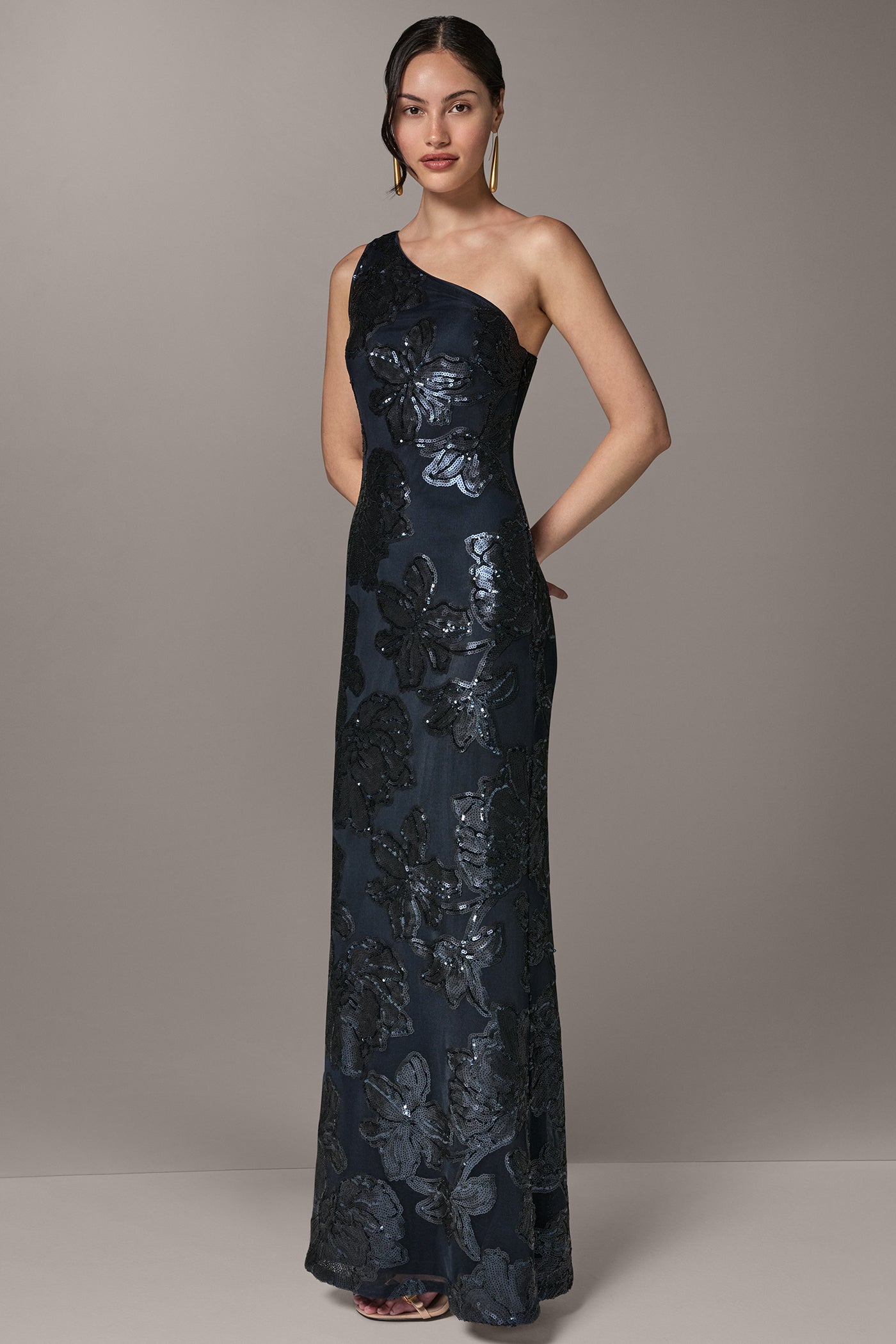 Donna Karan Women's One Shoulder Floral Sequin Gown in Nightfall Blue, Size 14