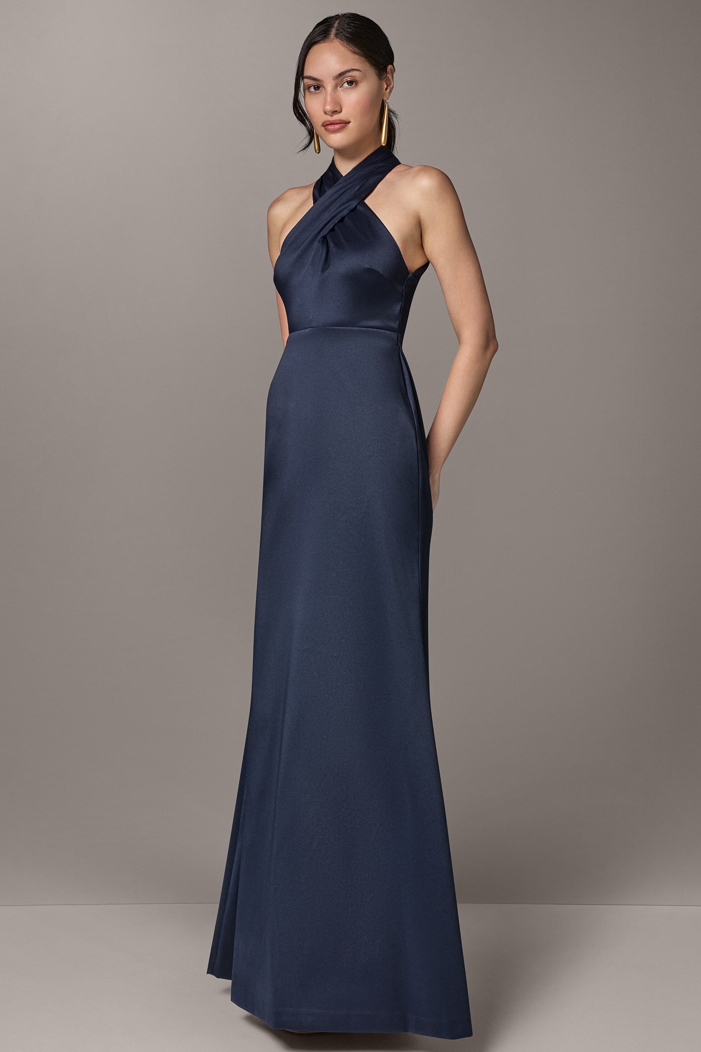 Satin Midi A Line Halter Dress