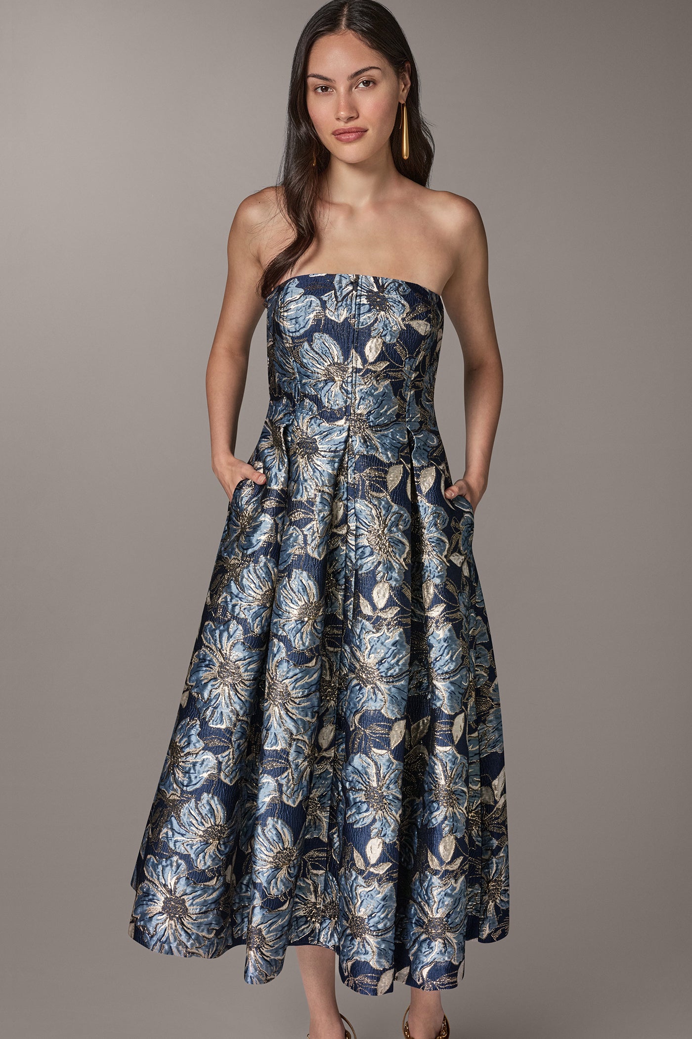 FLORAL JACQUARD STRAPLESS MIDI GOWN VIEW 7