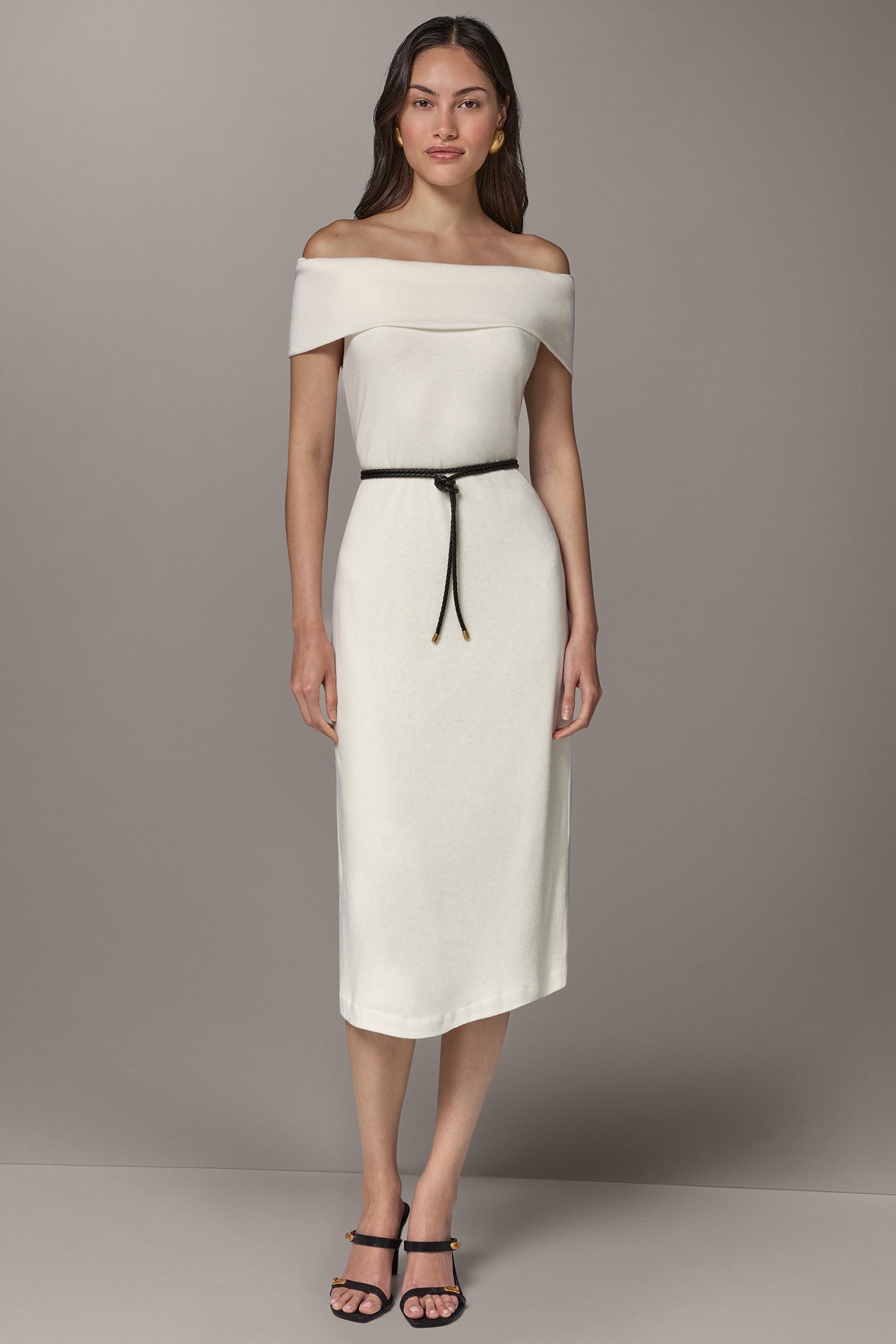 OFF THE SHOULDER MIDI SHEATH DRESS VIEW 1