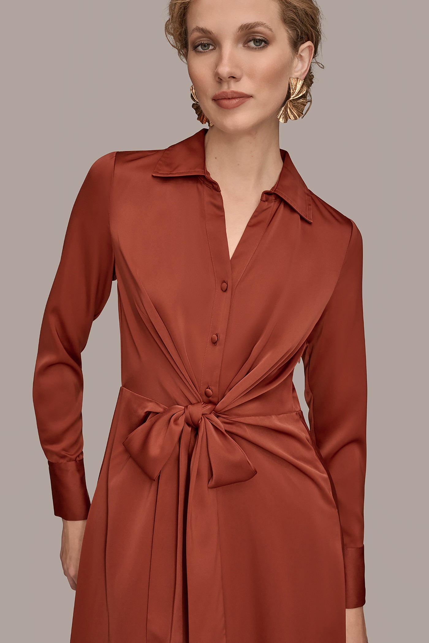 TIE FRONT SATIN MIDI SHIRT DRESS VIEW 4 | Office to Evening Dresses