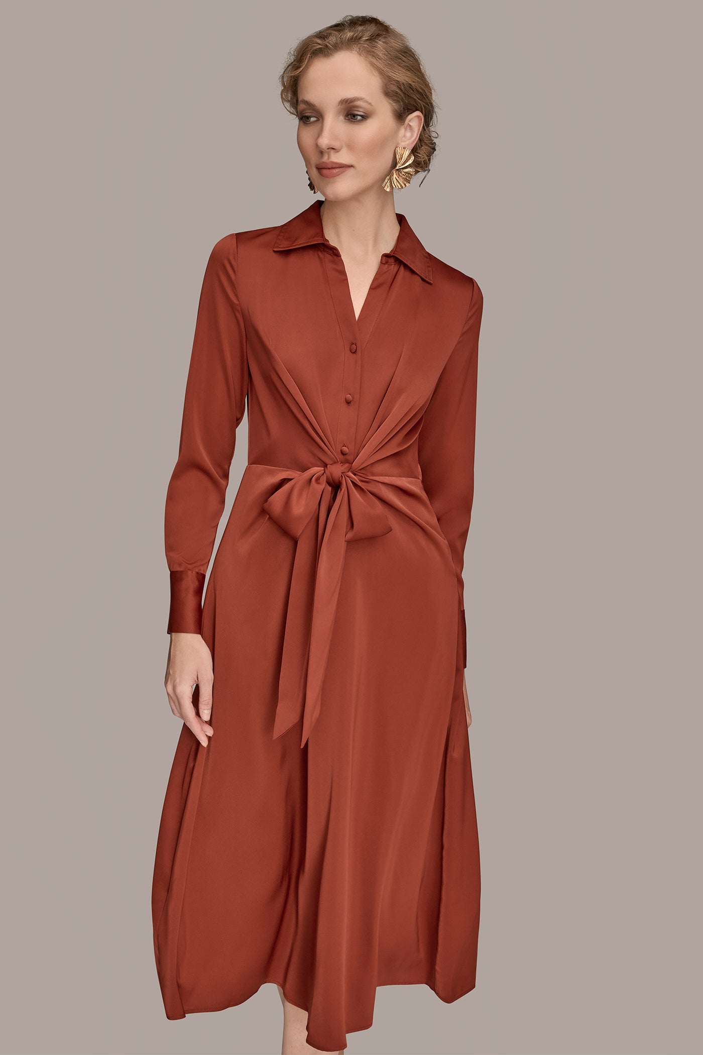 TIE FRONT SATIN MIDI SHIRT DRESS VIEW 6 | Office to Evening Dresses
