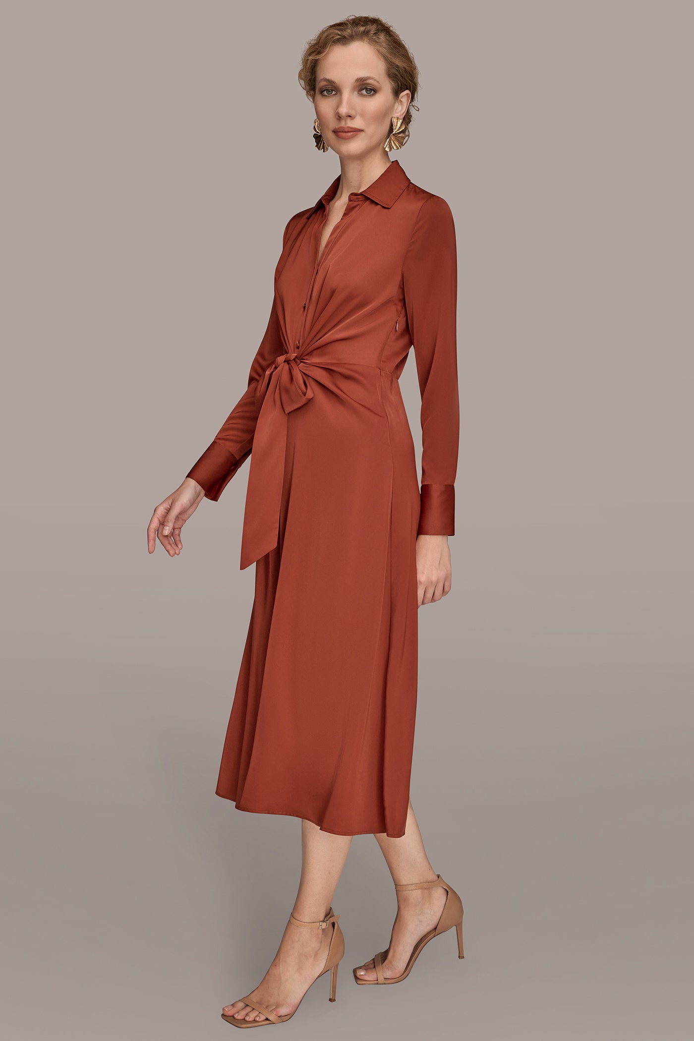 TIE FRONT SATIN MIDI SHIRT DRESS VIEW 3 | Office to Evening Dresses