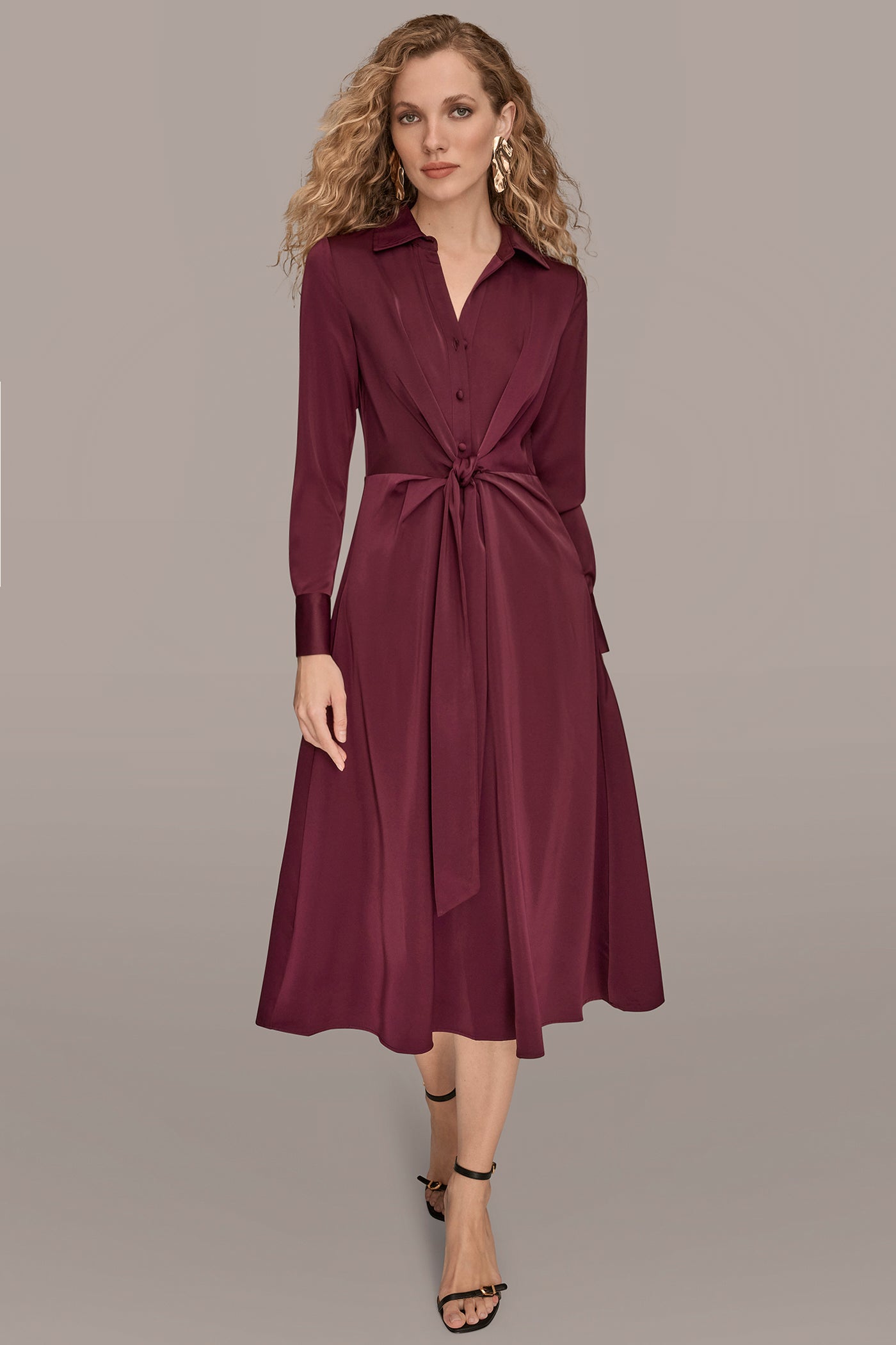 TIE FRONT SATIN MIDI SHIRT DRESS | View 1 | Office to Evening Dresses