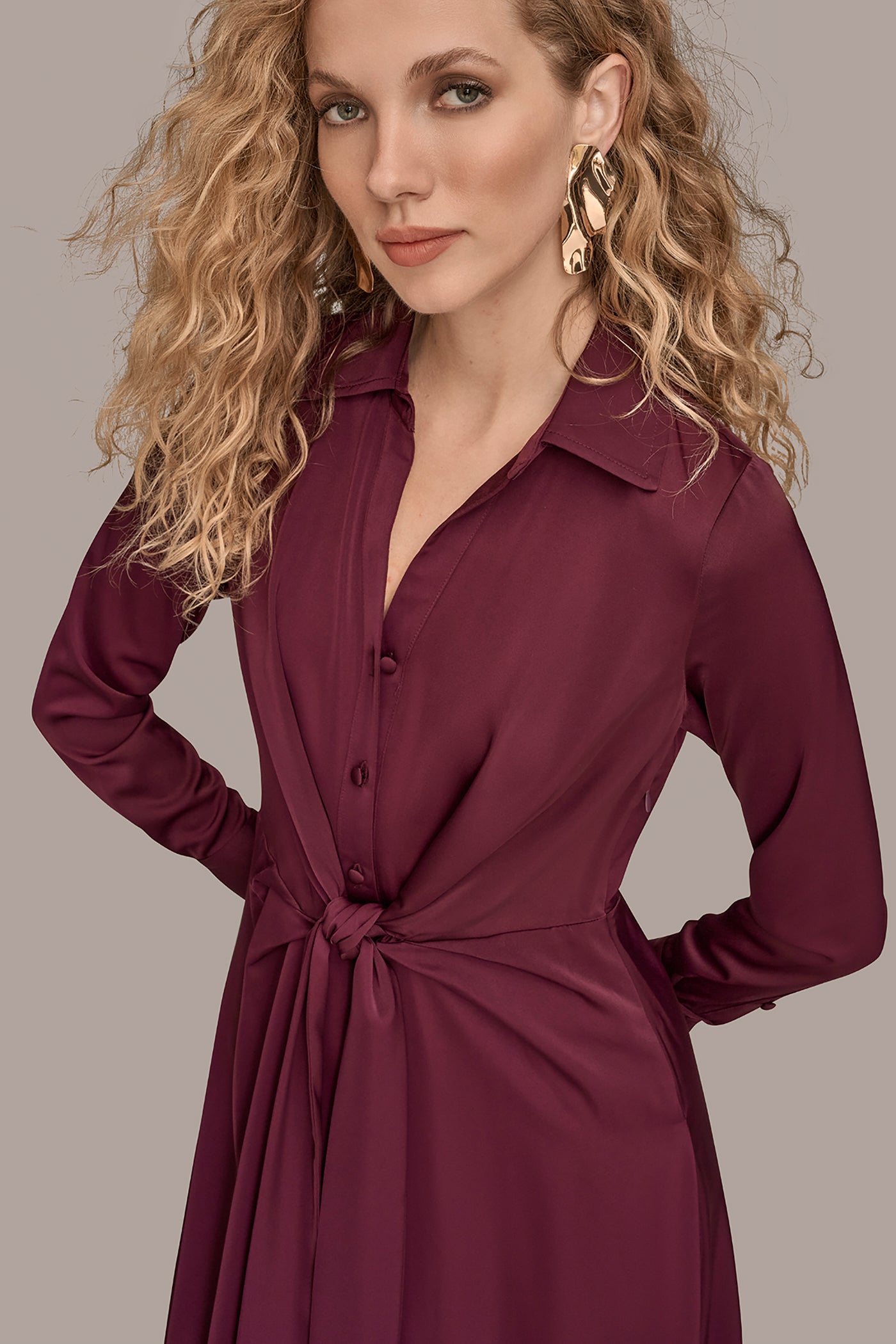 TIE FRONT SATIN MIDI SHIRT DRESS VIEW 4 | Office to Evening Dresses