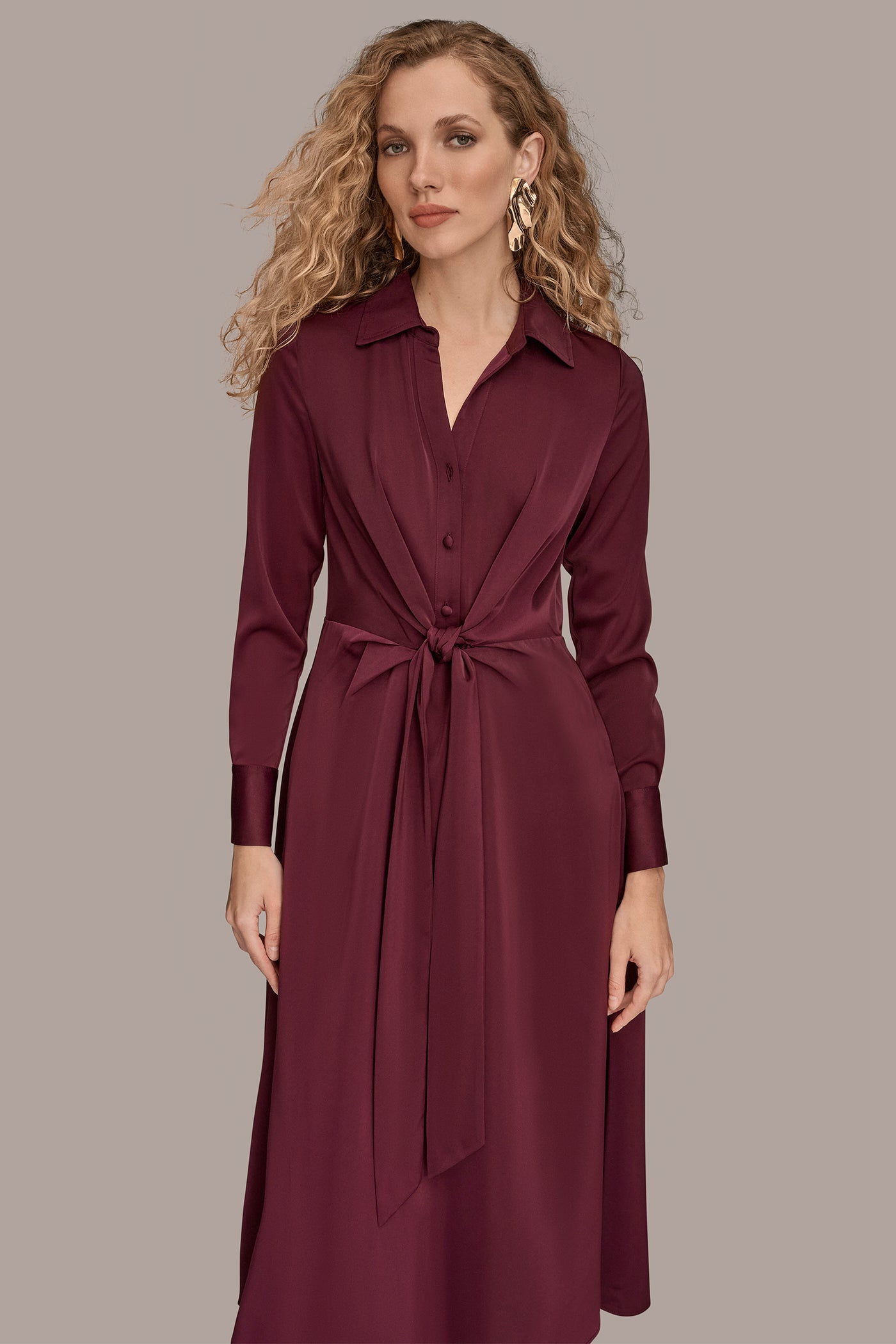 TIE FRONT SATIN MIDI SHIRT DRESS VIEW 6 | Office to Evening Dresses