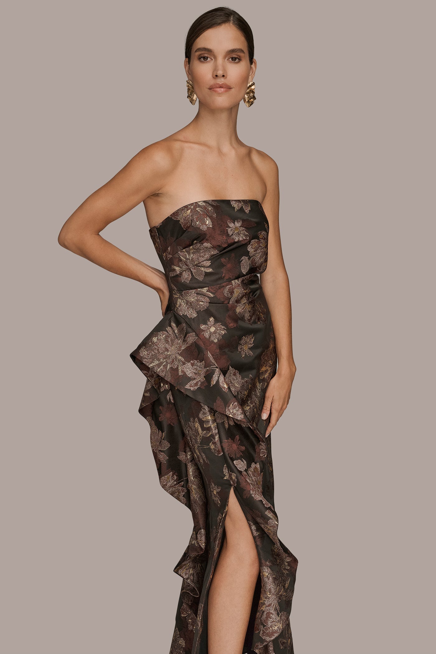 STRAPLESS RUFFLE BROCADE GOWN VIEW 5 | Event Dressing