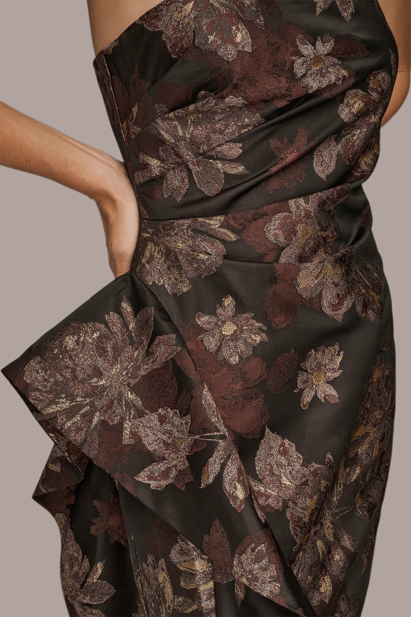 STRAPLESS RUFFLE BROCADE GOWN VIEW 7 | Event Dressing