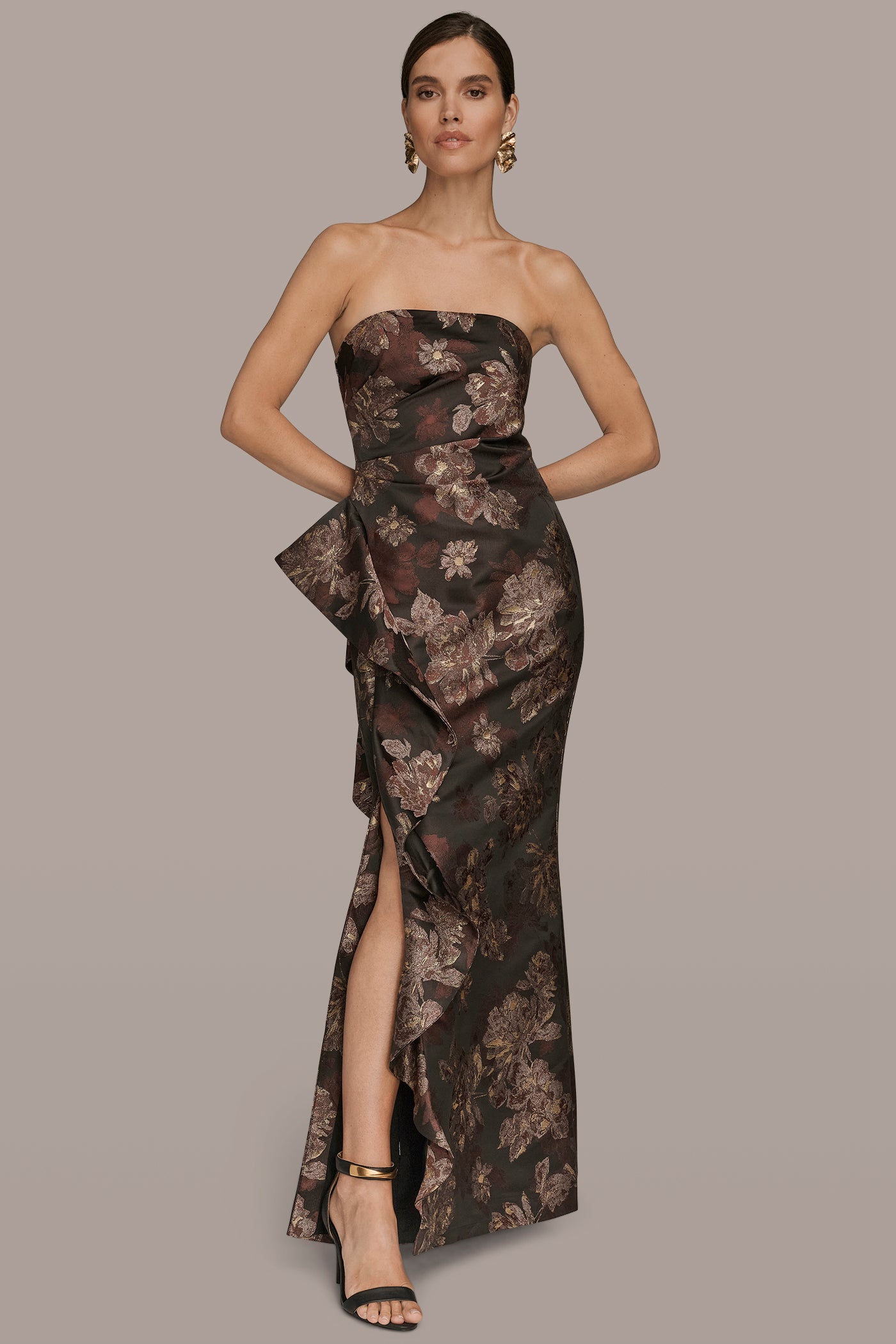 STRAPLESS RUFFLE BROCADE GOWN | View 1 | Event Dressing