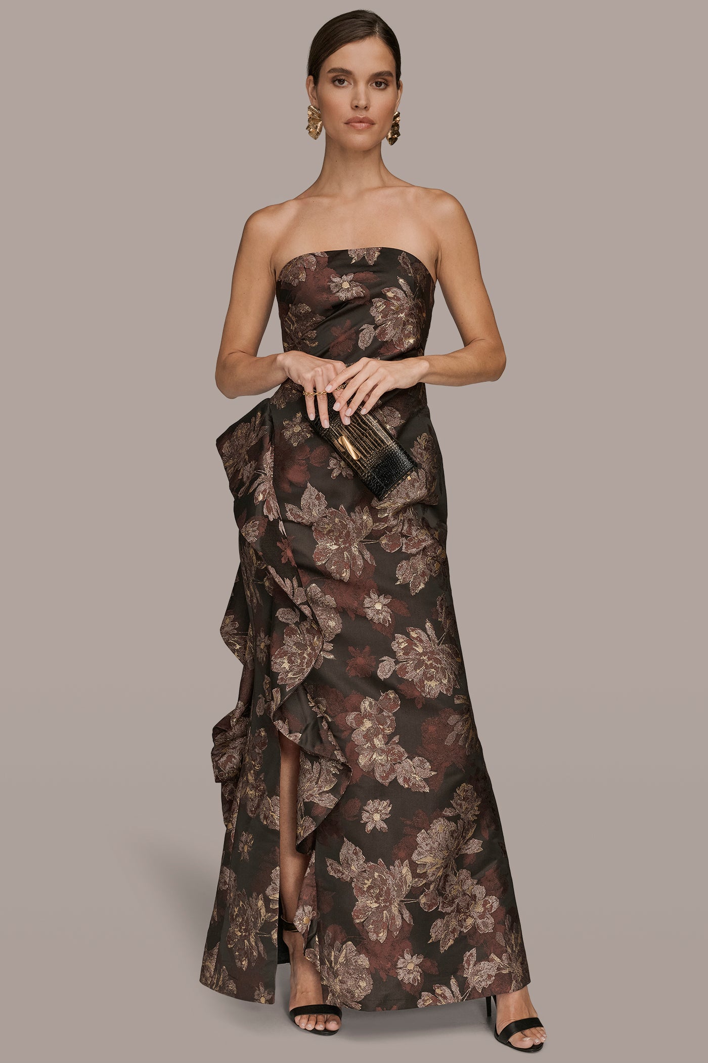 STRAPLESS RUFFLE BROCADE GOWN VIEW 4 | Event Dressing