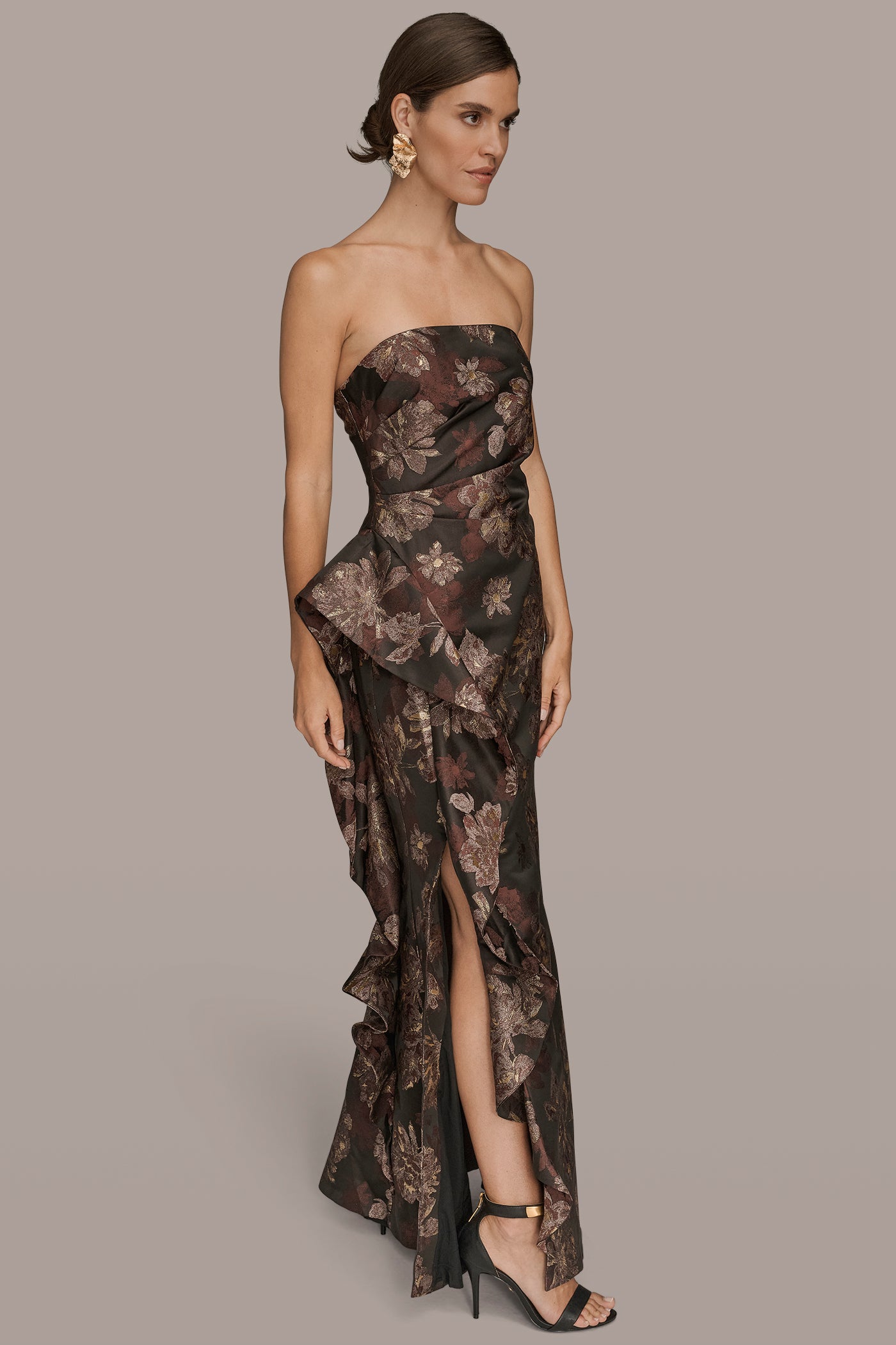 STRAPLESS RUFFLE BROCADE GOWN VIEW 3 | Event Dressing
