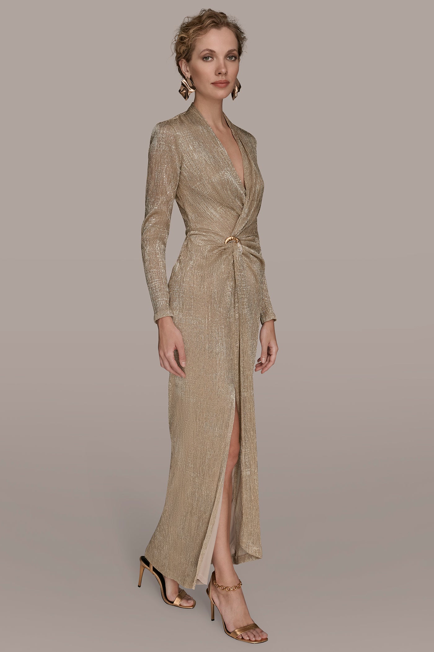 METALLIC CRINKLED EMBELLISHED WRAP GOWN VIEW 3 | Dresses & Jumpsuits