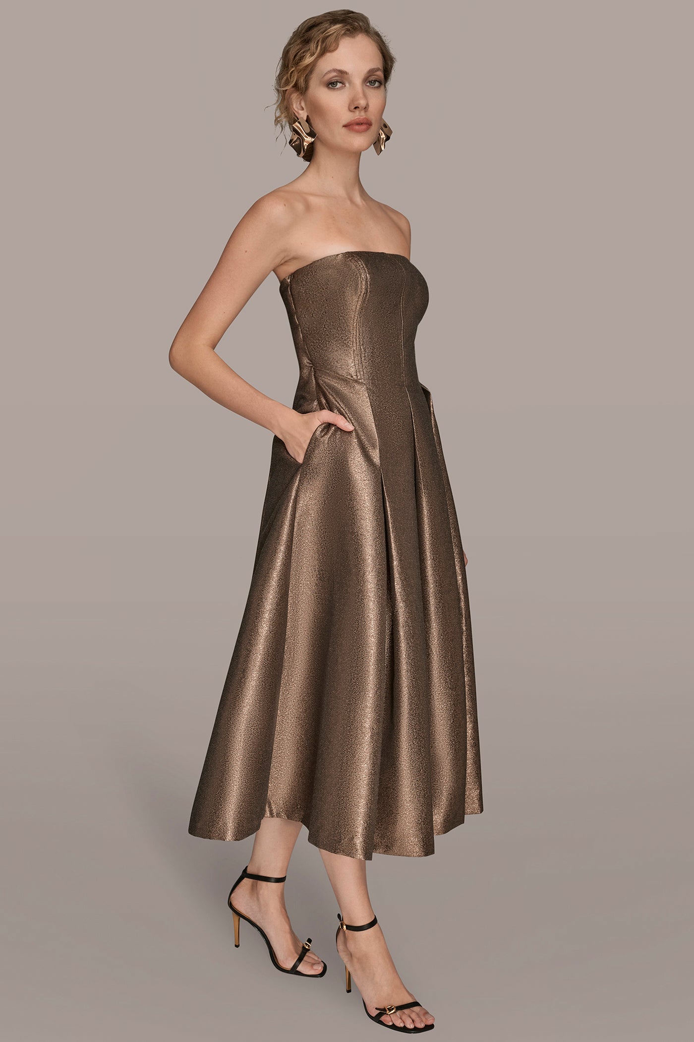 STRAPLESS BROCADE MIDI GOWN VIEW 3 | Formal & Black Tie