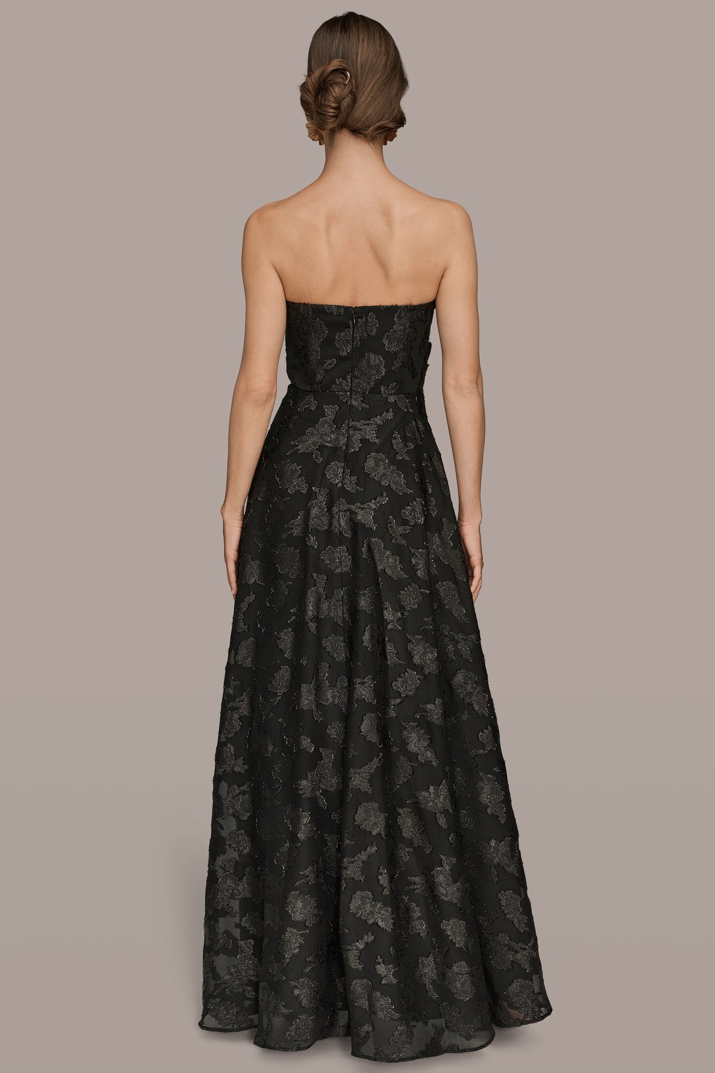 STRAPLESS FLORAL GATHERED CHIFFON GOWN | View 2 | Black Dresses