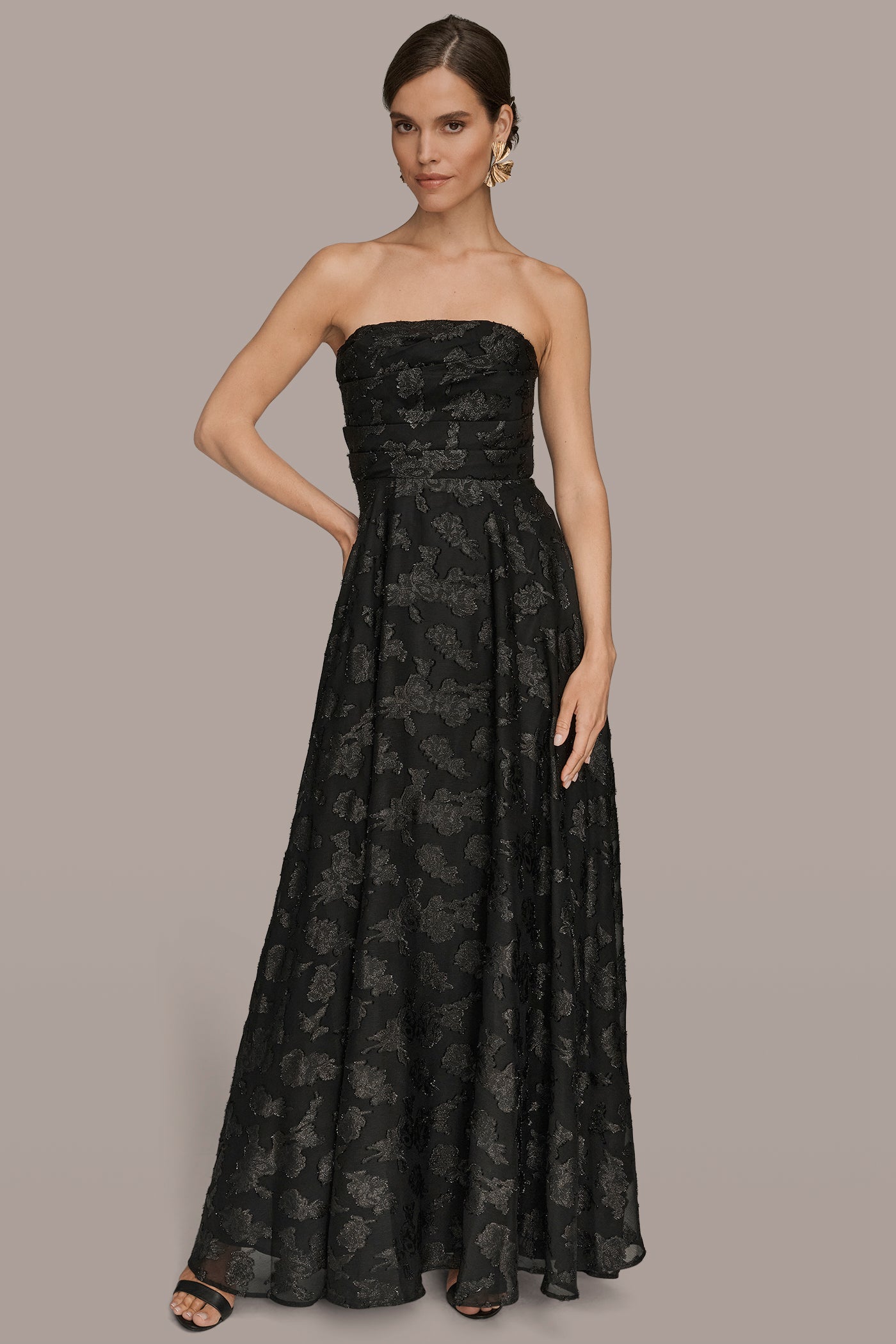STRAPLESS FLORAL GATHERED CHIFFON GOWN | View 1 | Black Dresses