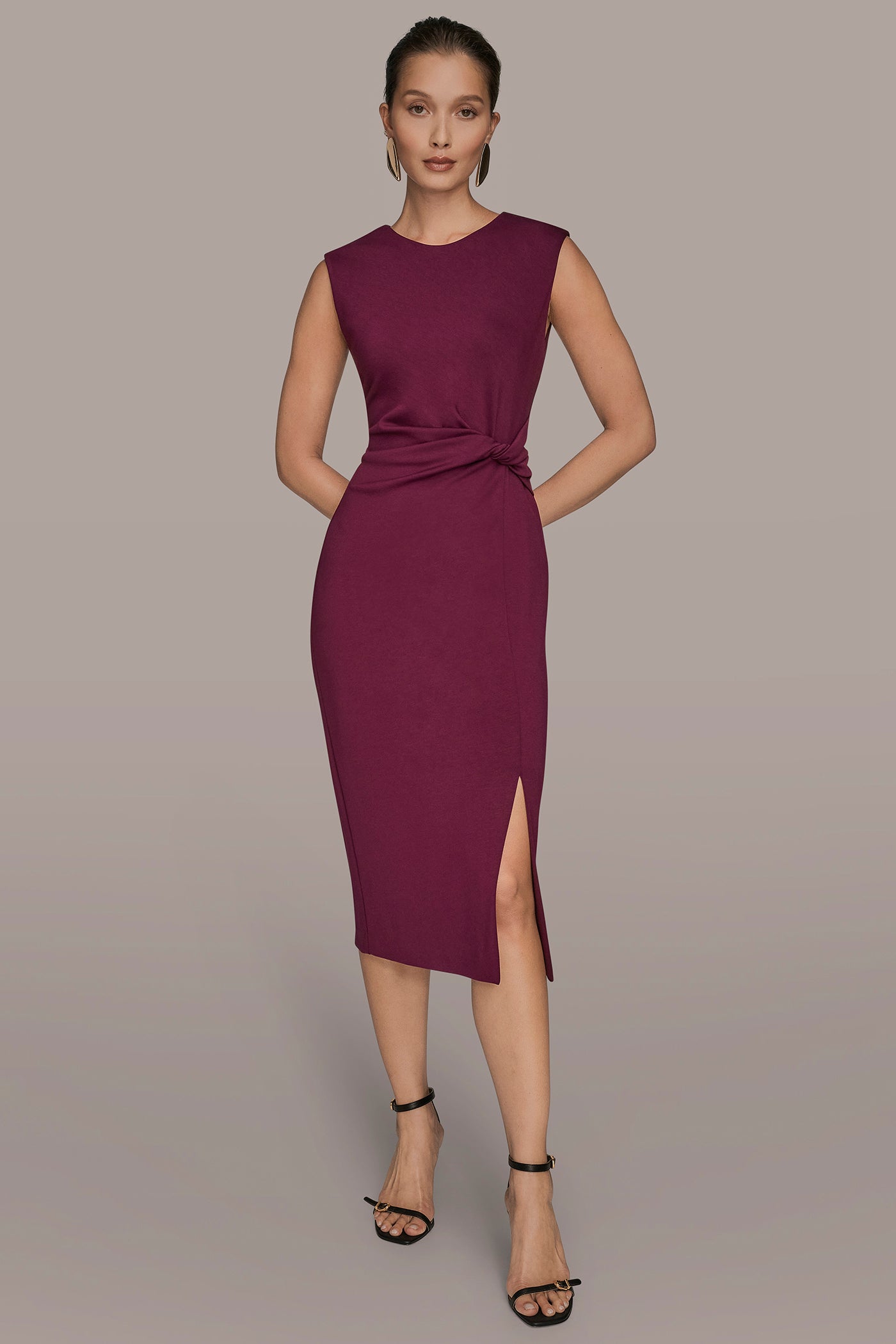 SLEEVELESS FAUX WRAP MIDI SHEATH | View 1 | Black Dresses