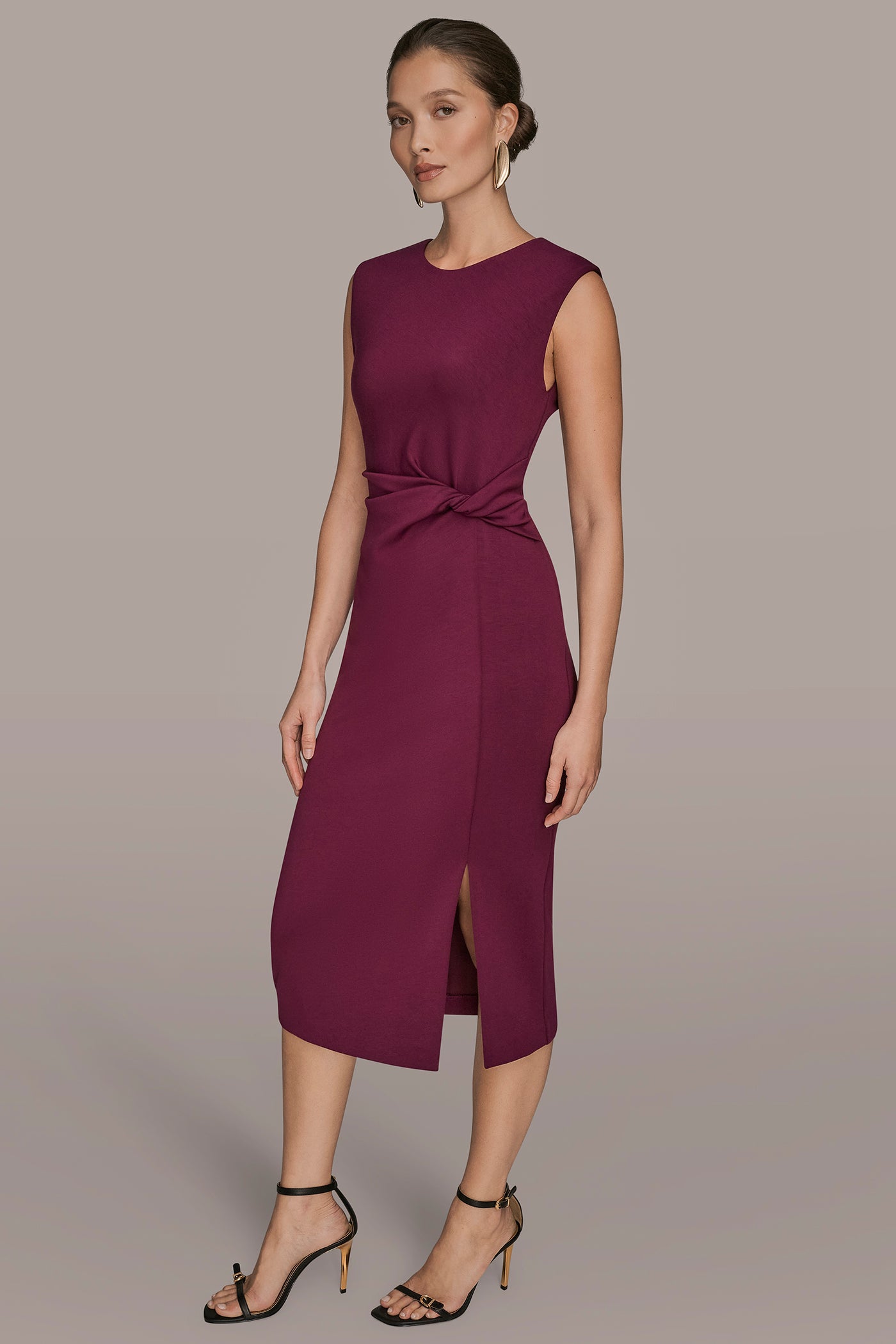 SLEEVELESS FAUX WRAP MIDI SHEATH VIEW 3 | Black Dresses