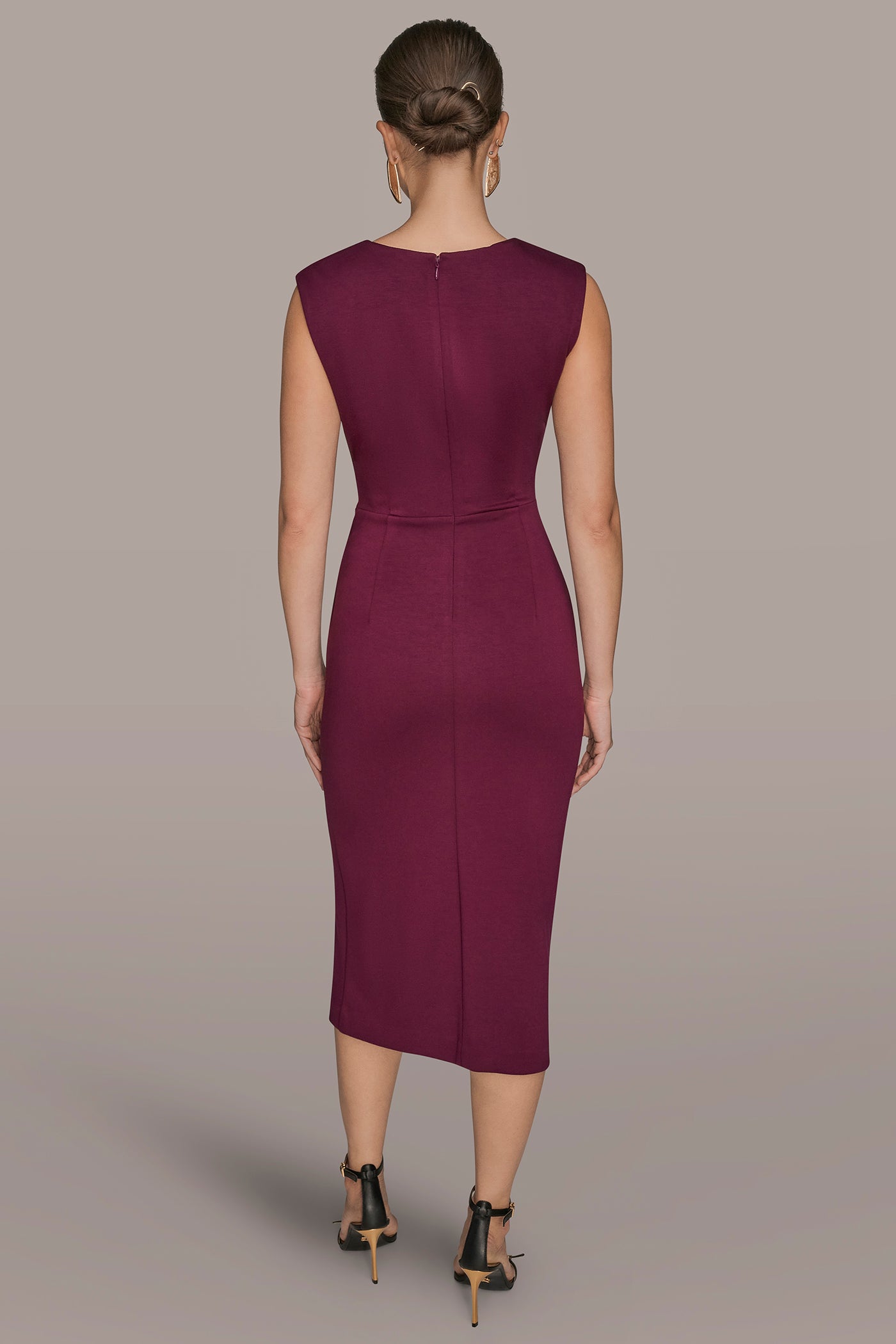 SLEEVELESS FAUX WRAP MIDI SHEATH | View 2 | Black Dresses