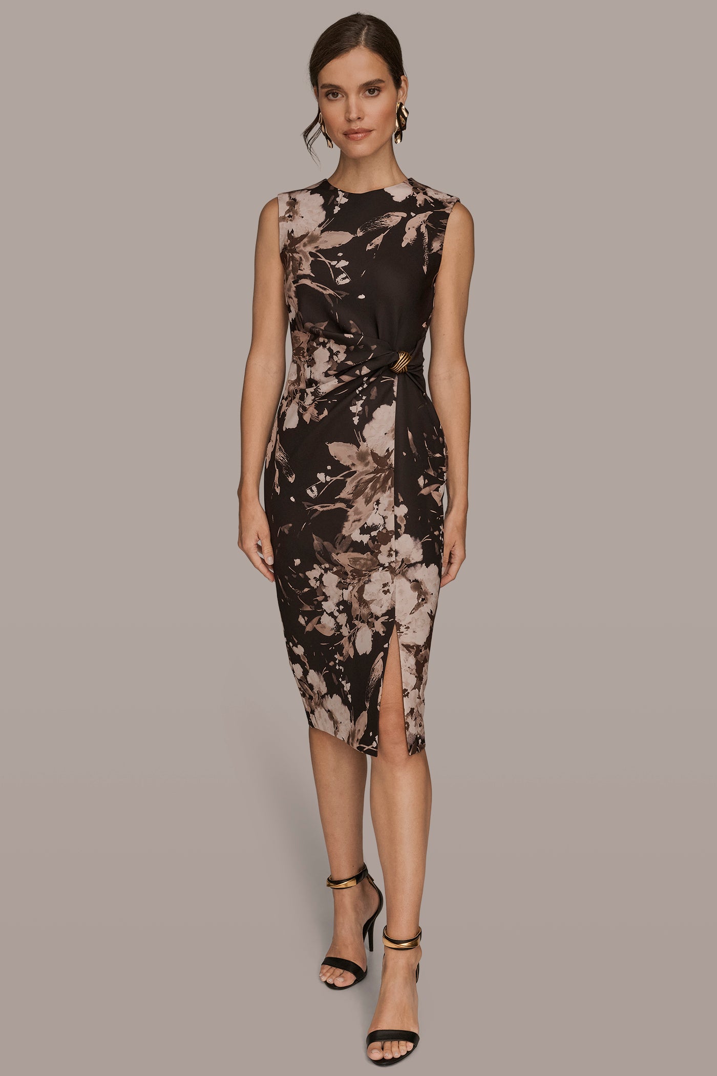 FLORAL GATHERED EMBELLISHED MIDI SHEATH | View 1 | Event Dressing
