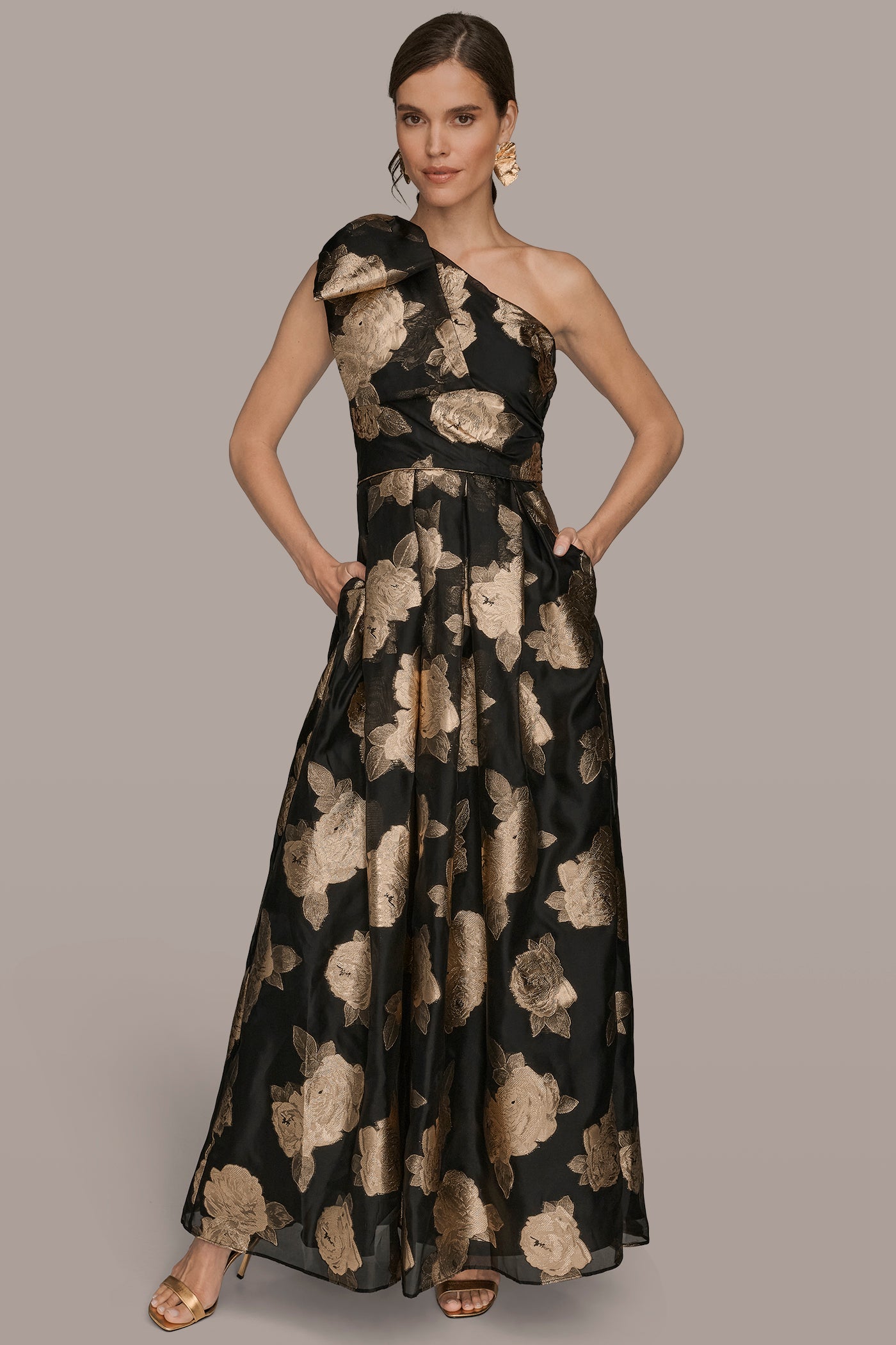 BOW-EMBELLISHED ONE-SHOULDER GOWN | View 1 | Black Dresses