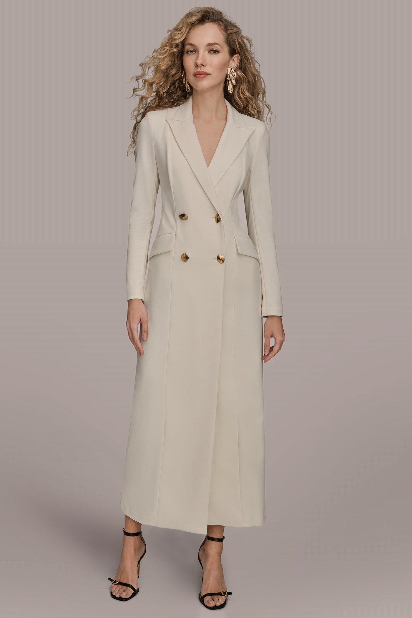 DOUBLE-BREASTED SATIN-TRIMMED MAXI COAT DRESS | View 1 | Formal & Black Tie