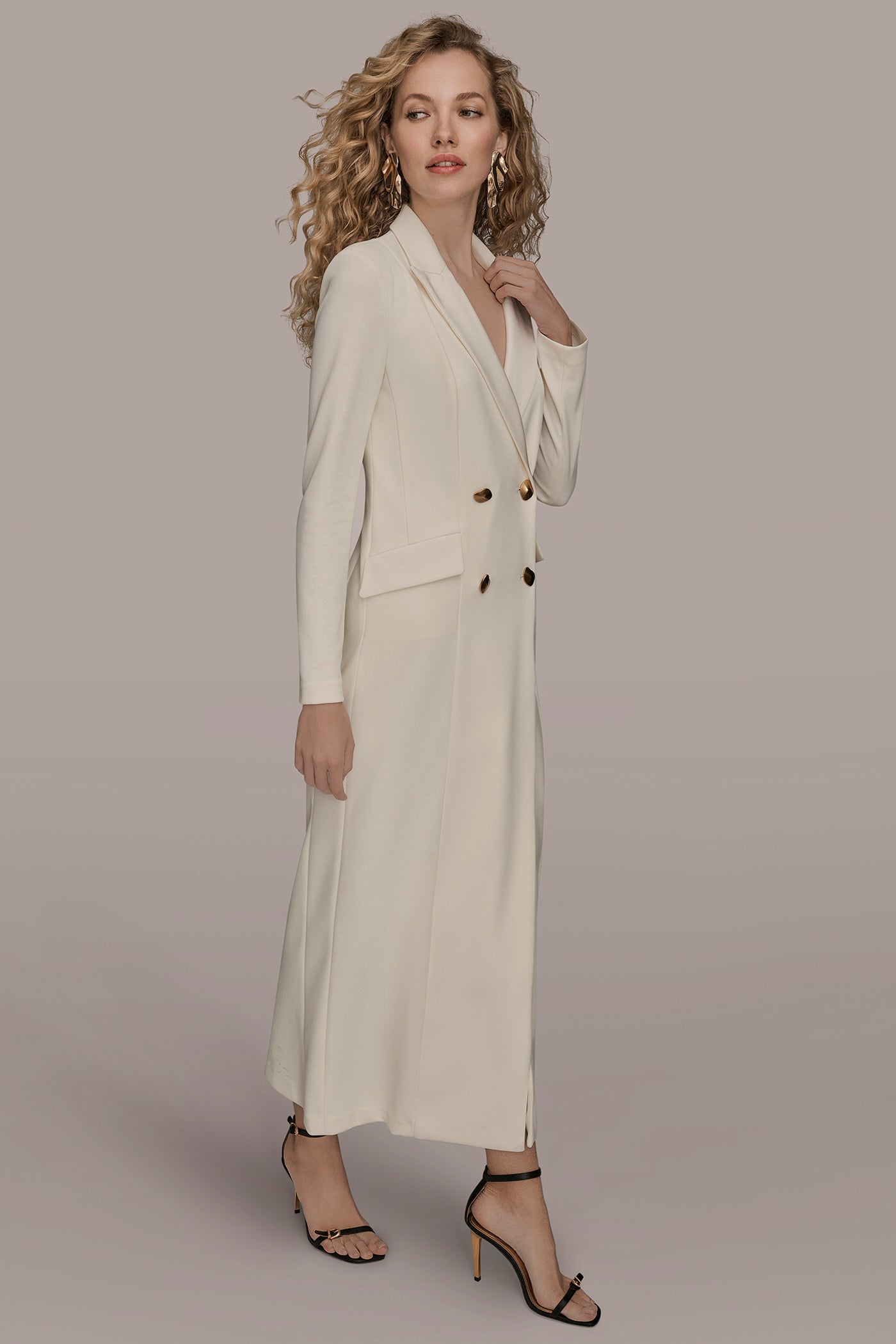 DOUBLE-BREASTED SATIN-TRIMMED MAXI COAT DRESS VIEW 3 | Formal & Black Tie