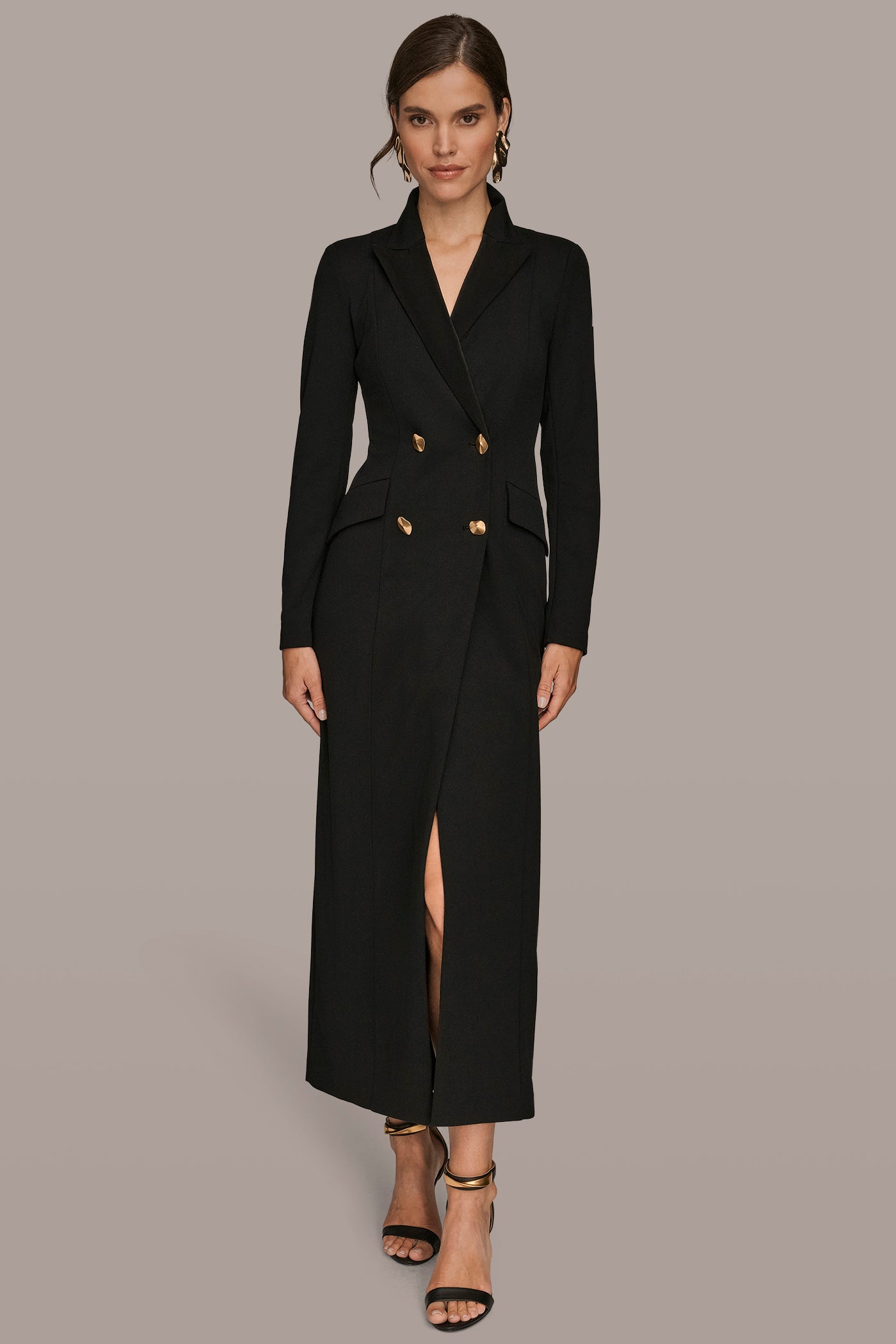 DOUBLE-BREASTED SATIN-TRIMMED MAXI COAT DRESS | View 1 | Black Dresses