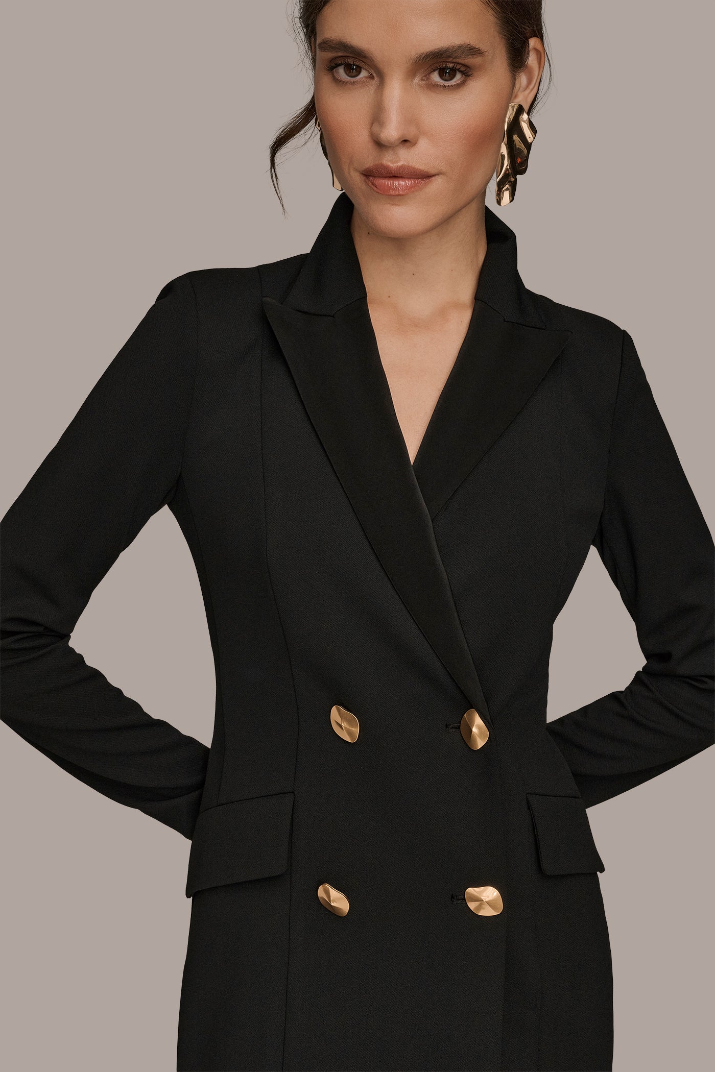DOUBLE-BREASTED SATIN-TRIMMED MAXI COAT DRESS VIEW 4 | Black Dresses
