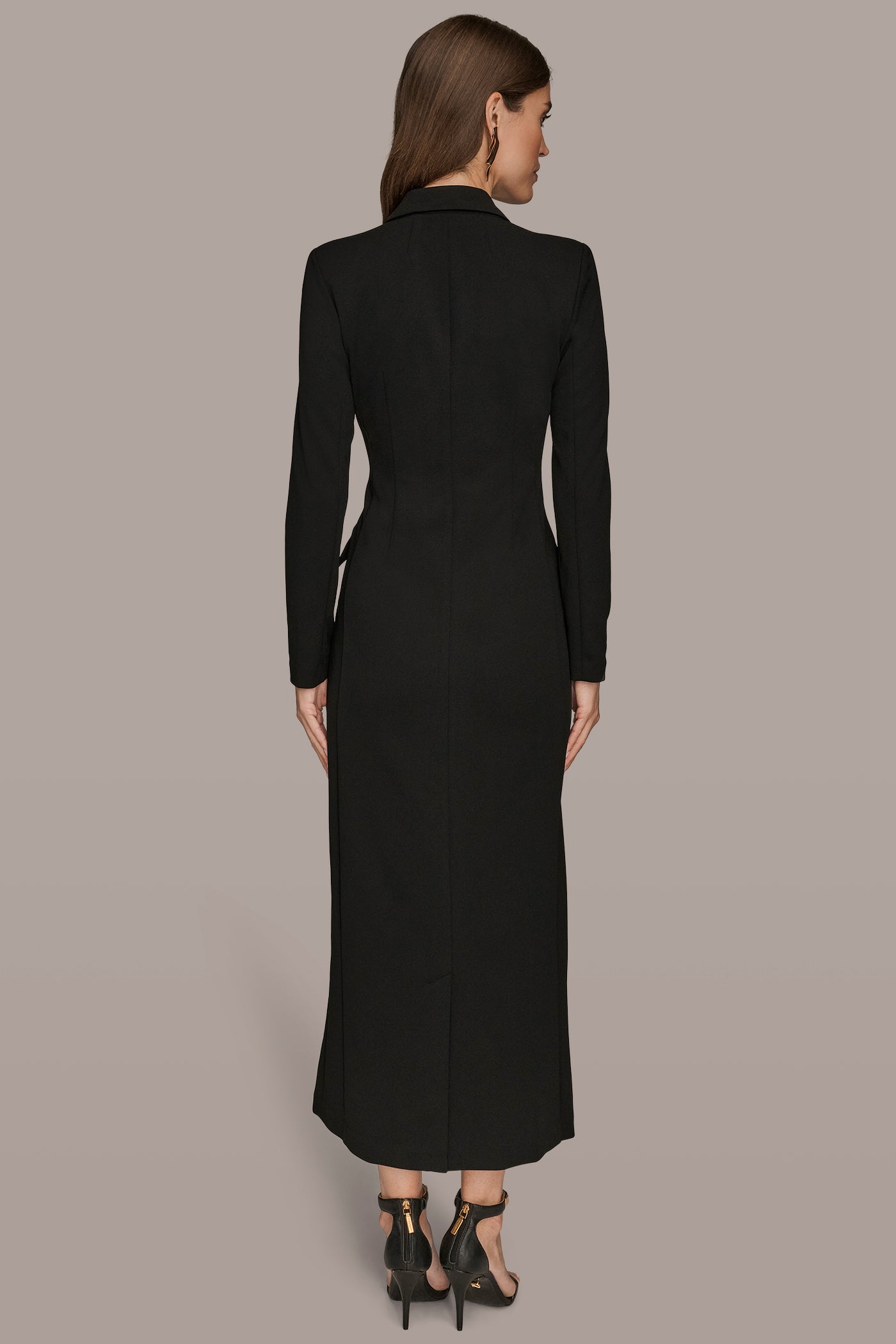 DOUBLE-BREASTED SATIN-TRIMMED MAXI COAT DRESS | View 2 | Black Dresses