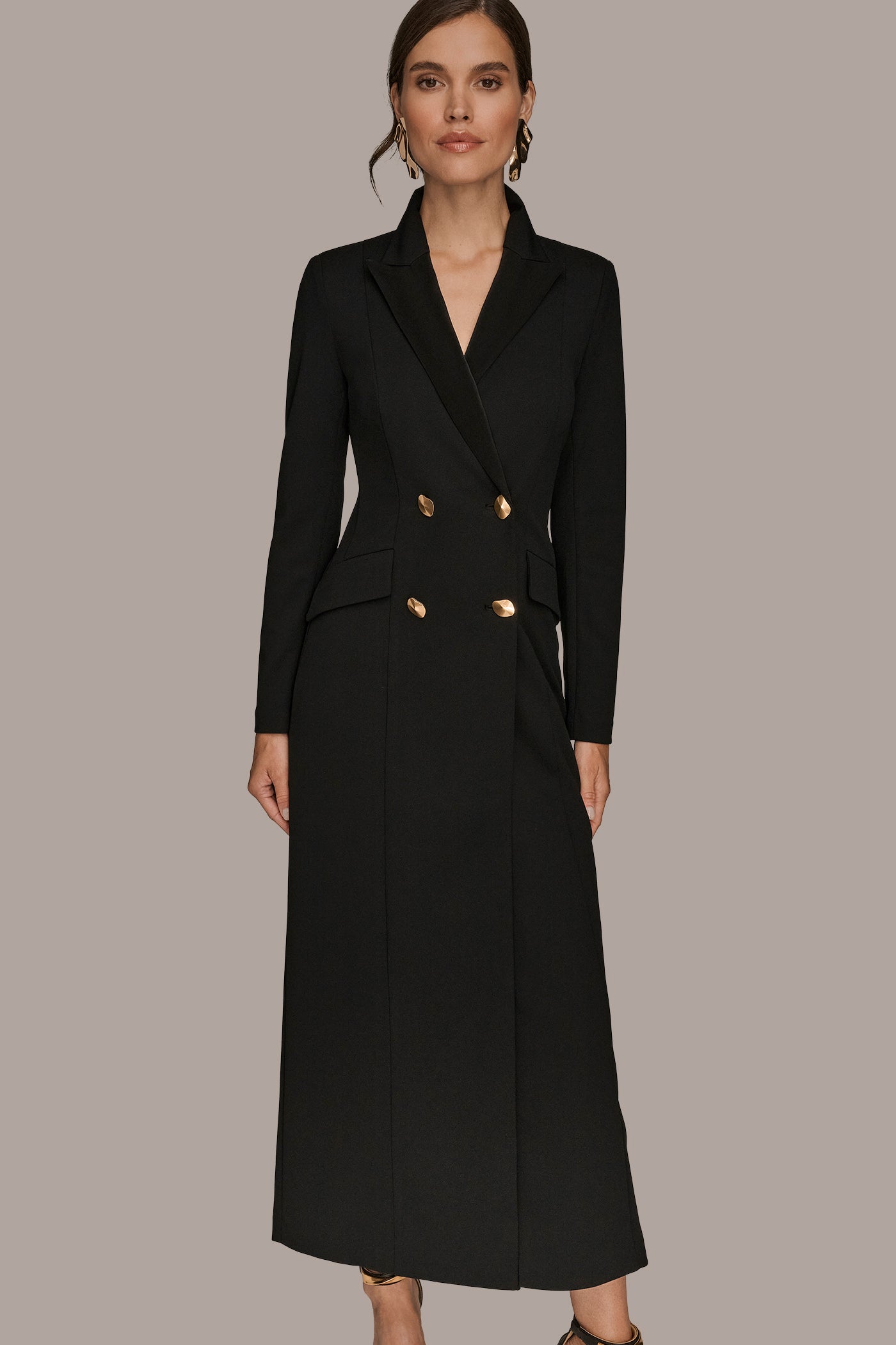 DOUBLE-BREASTED SATIN-TRIMMED MAXI COAT DRESS VIEW 6 | Black Dresses