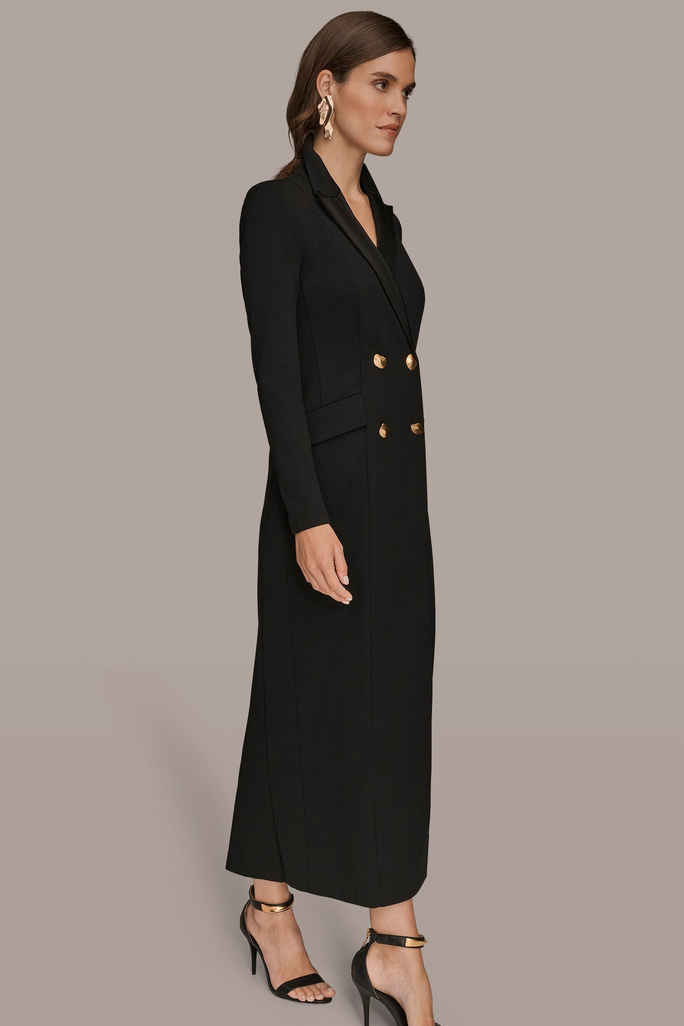 DOUBLE-BREASTED SATIN-TRIMMED MAXI COAT DRESS VIEW 3 | Black Dresses