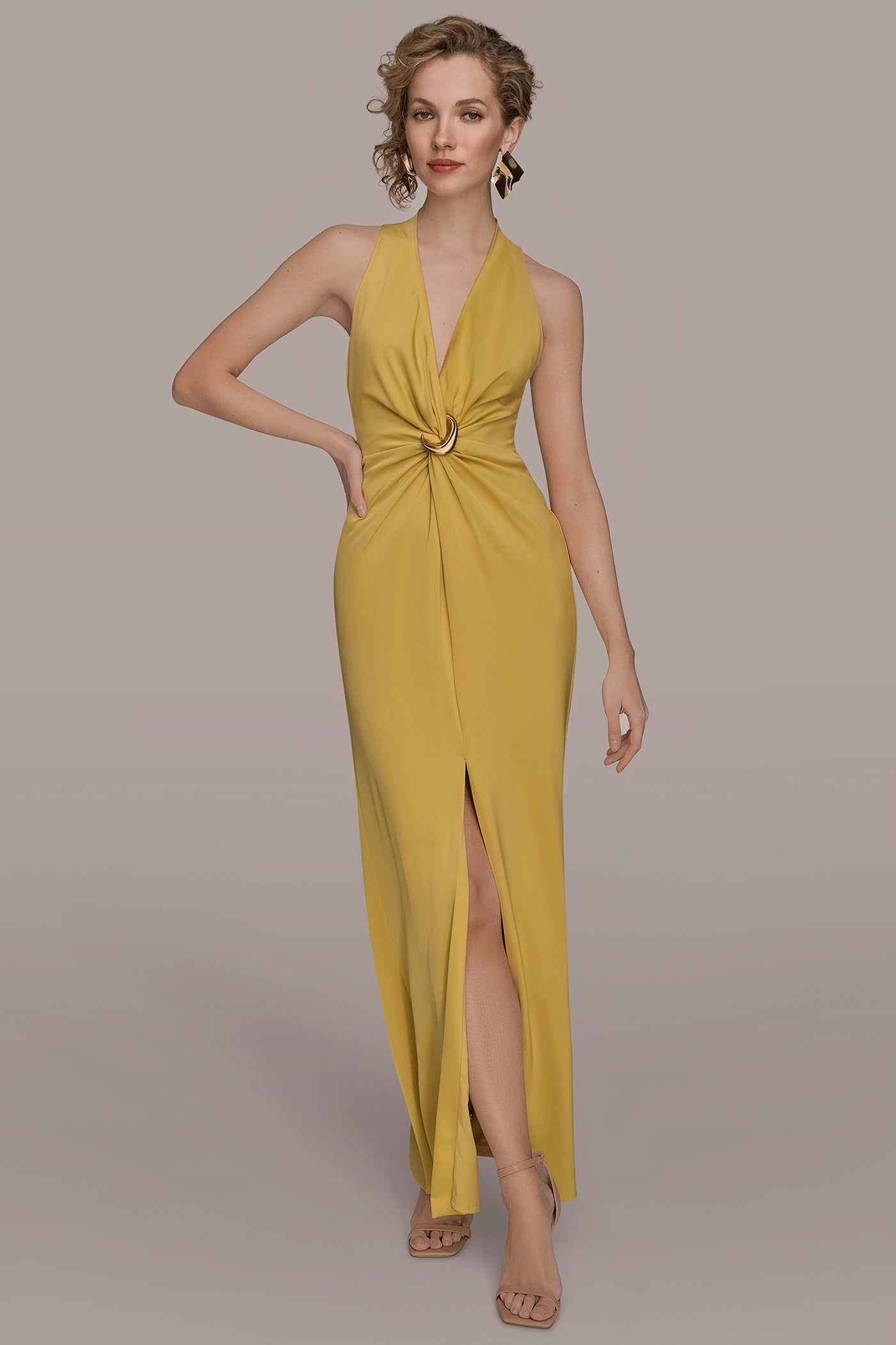 SLEEVELESS V NECK FRONT ROUCHED GOWN | View 1 | Ball Gowns