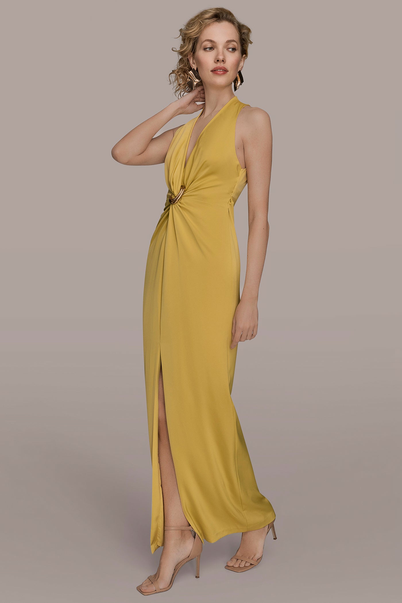 SLEEVELESS V NECK FRONT ROUCHED GOWN VIEW 3 | Clothing