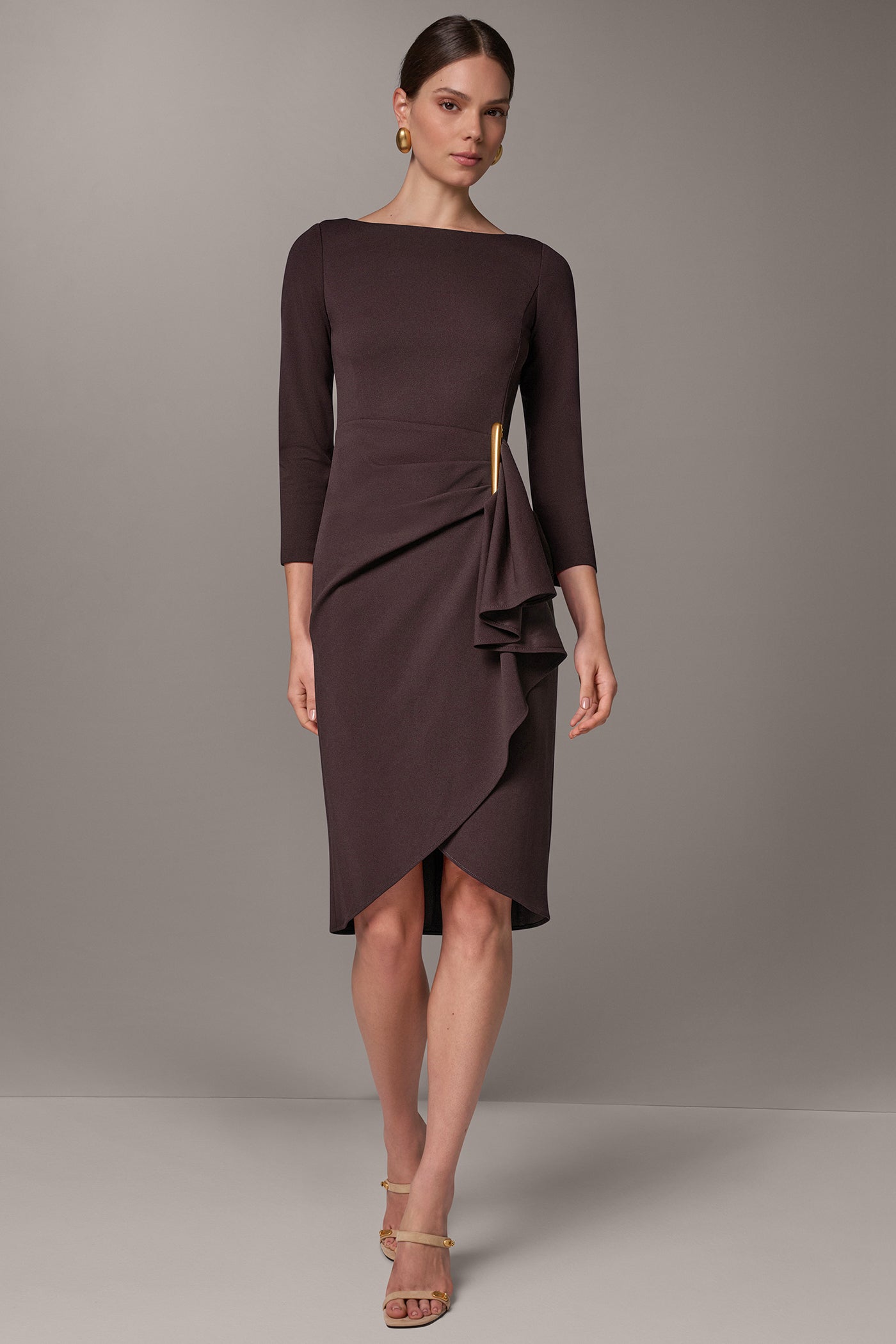 BOATNECK SIDE RUFFLE MIDI SHEATH VIEW 1