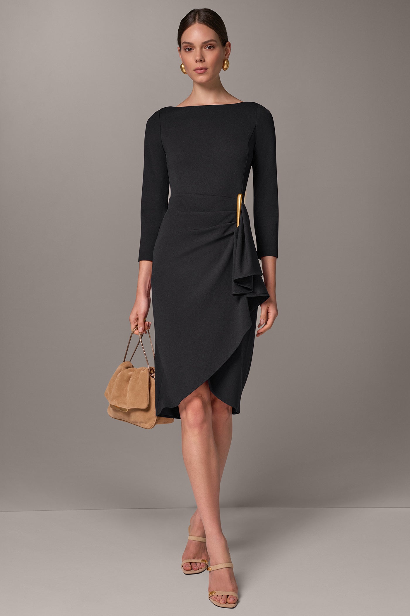 BOATNECK SIDE RUFFLE MIDI SHEATH VIEW 1