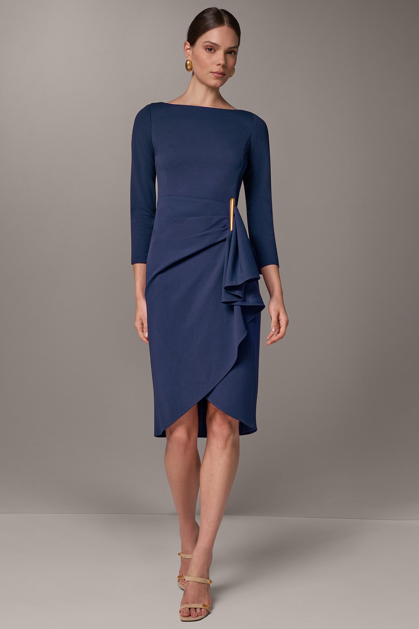 BOATNECK SIDE RUFFLE MIDI SHEATH VIEW 1