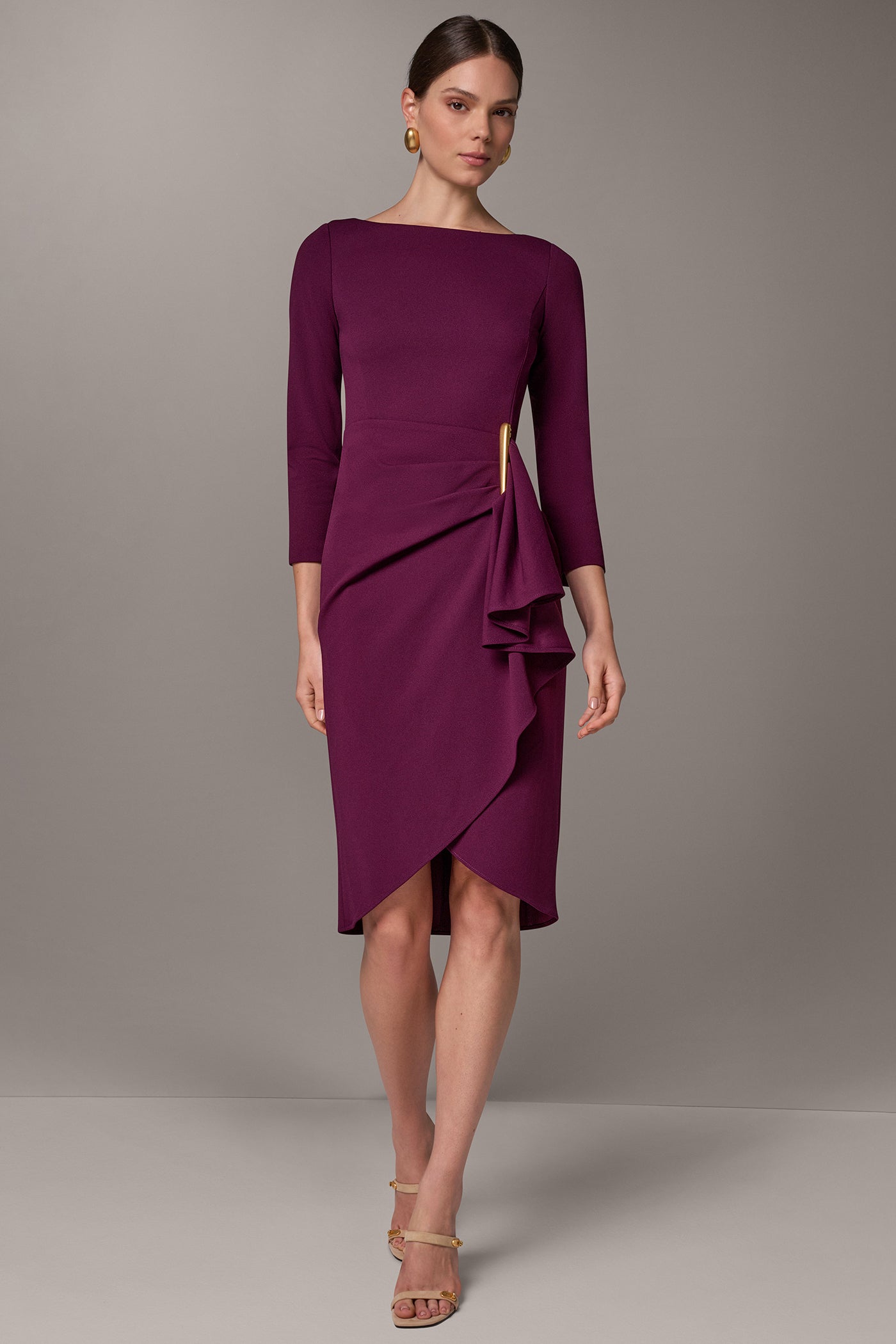 BOATNECK SIDE RUFFLE MIDI SHEATH VIEW 1
