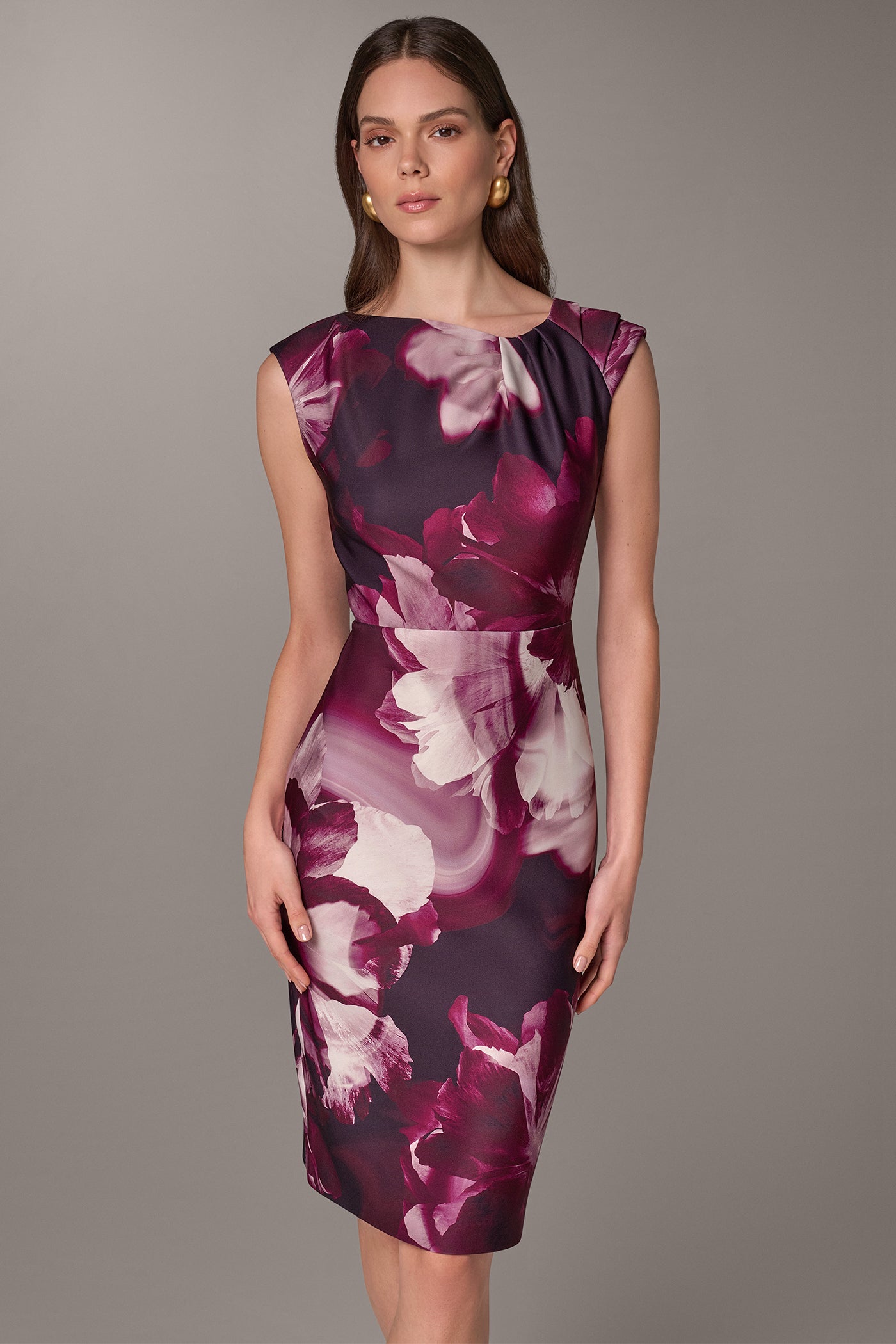 ASYMMETRIC NECK FLORAL PRINT SHEATH DRESS VIEW 4