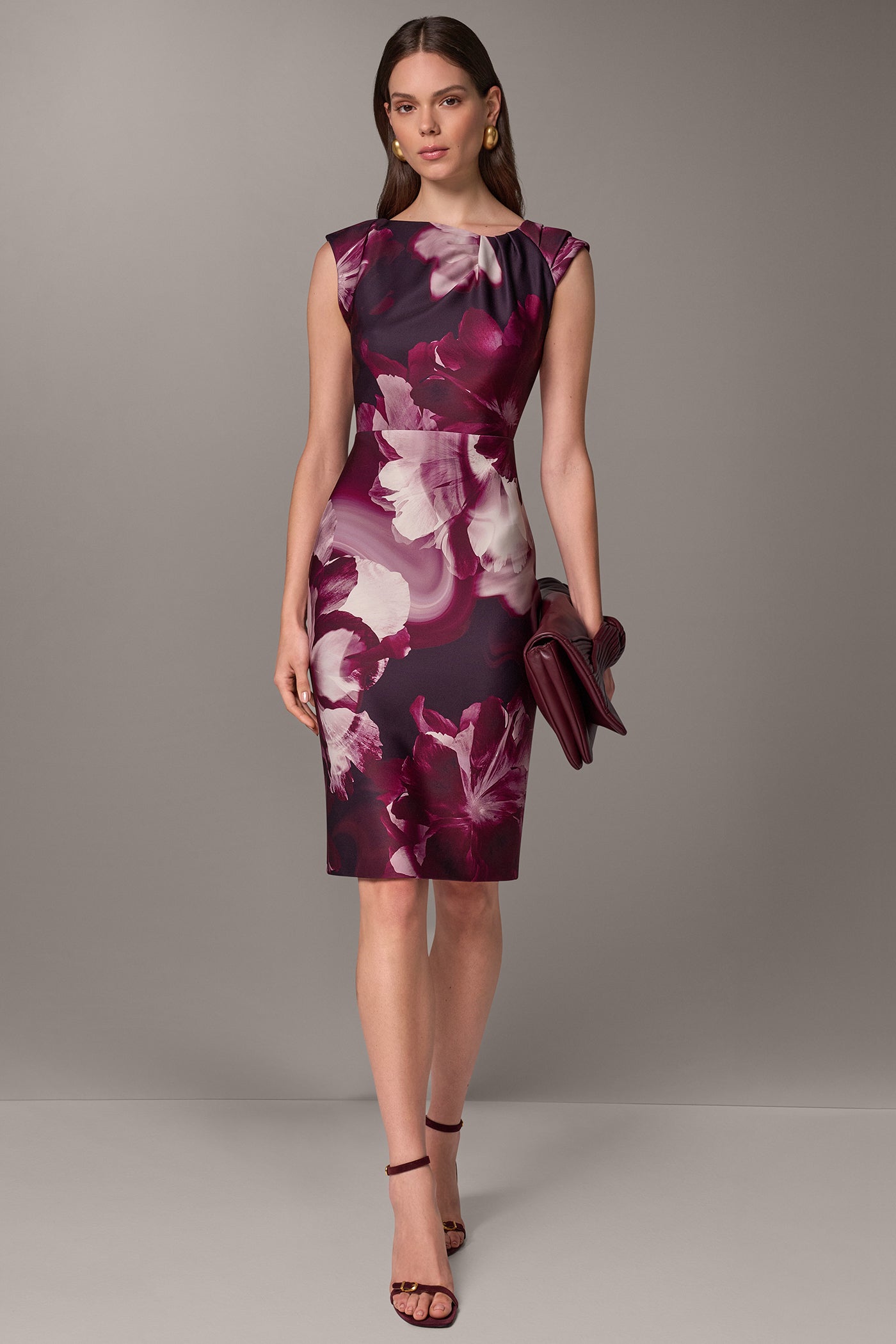 ASYMMETRIC NECK FLORAL PRINT SHEATH DRESS VIEW 1