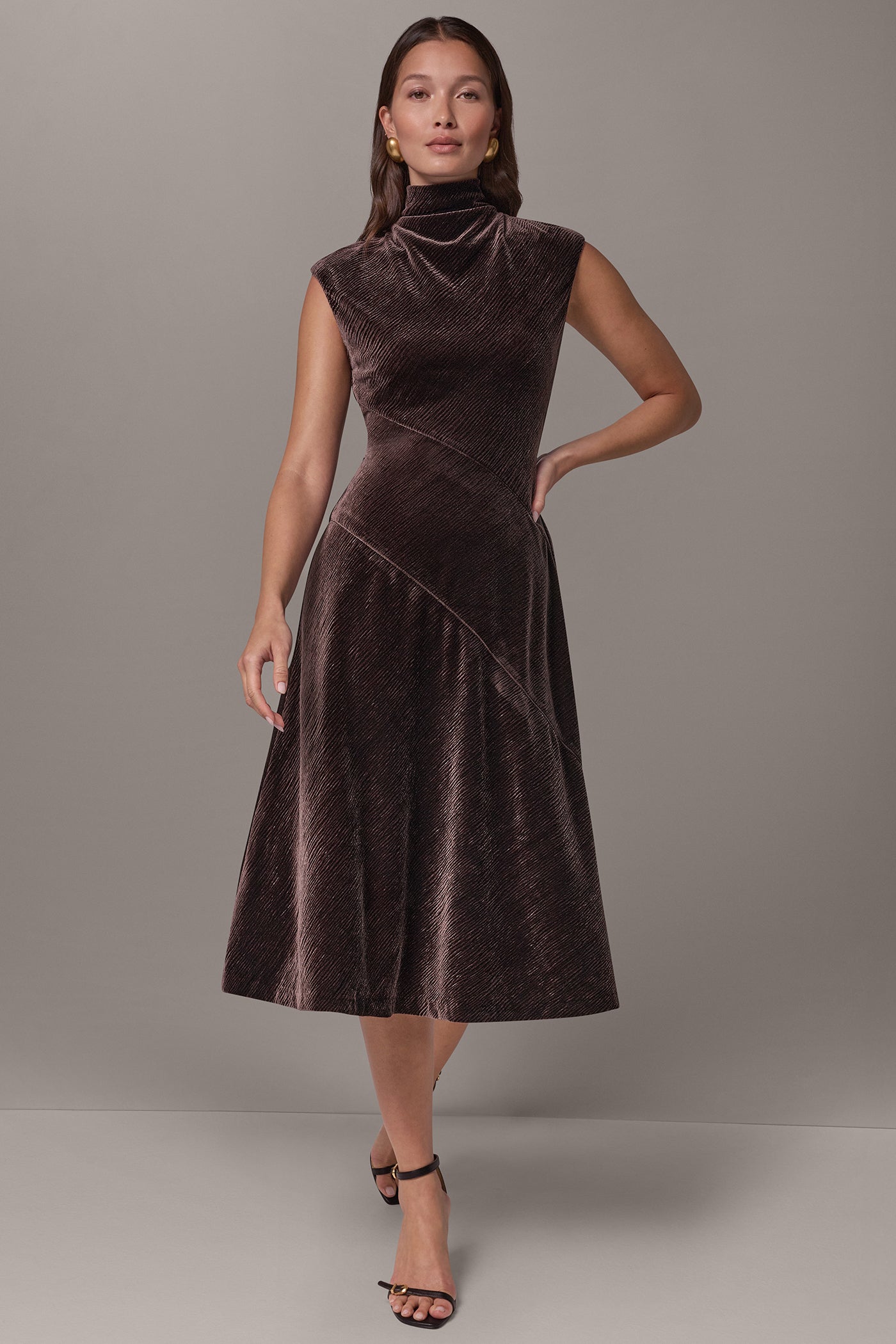 VELVET MOCK NECK MIDI DRESS VIEW 1
