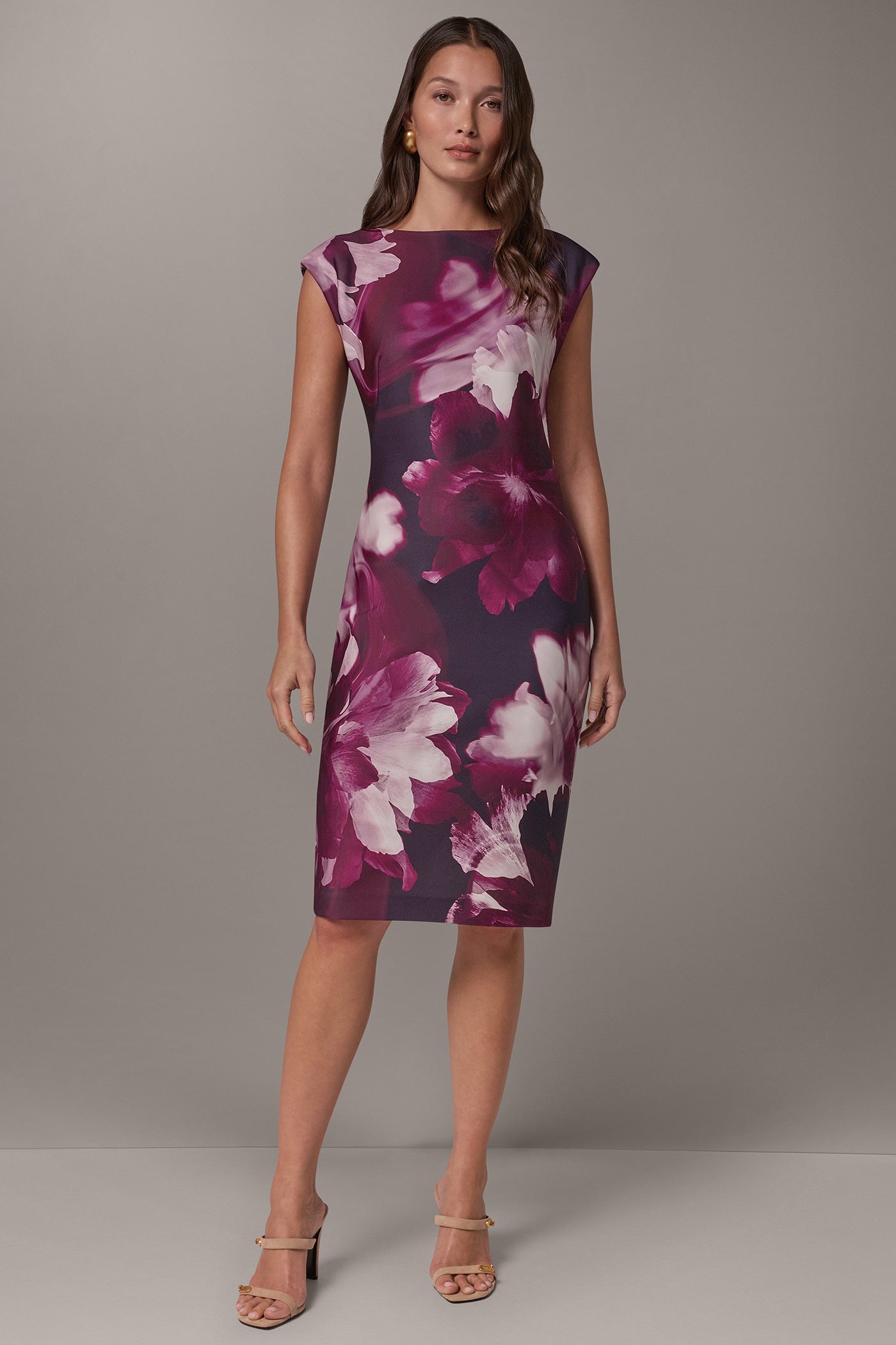 FLORAL CAP SLEEVE BOATNECK SHEATH VIEW 1
