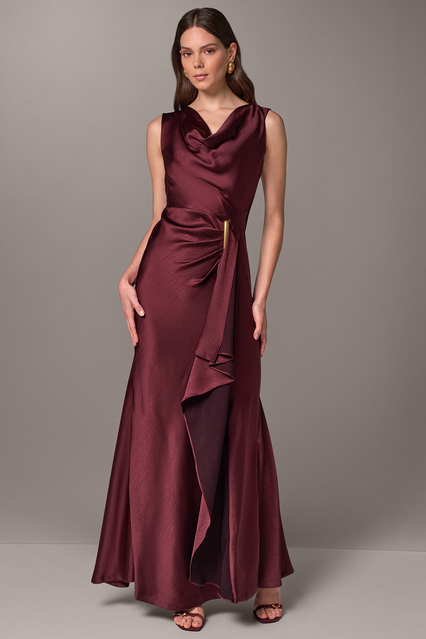 SATIN COWL NECK RUFFLE GOWN VIEW 1