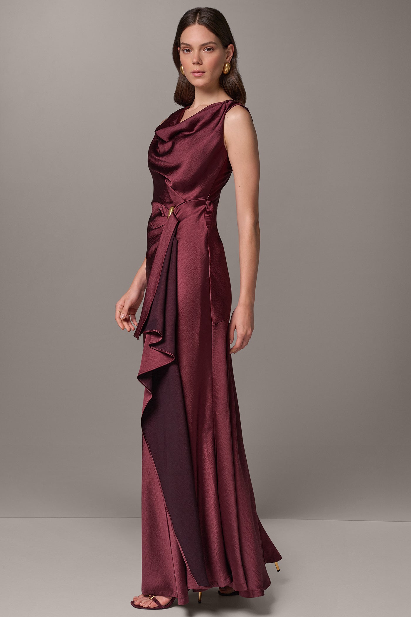 SATIN COWL NECK RUFFLE GOWN VIEW 3
