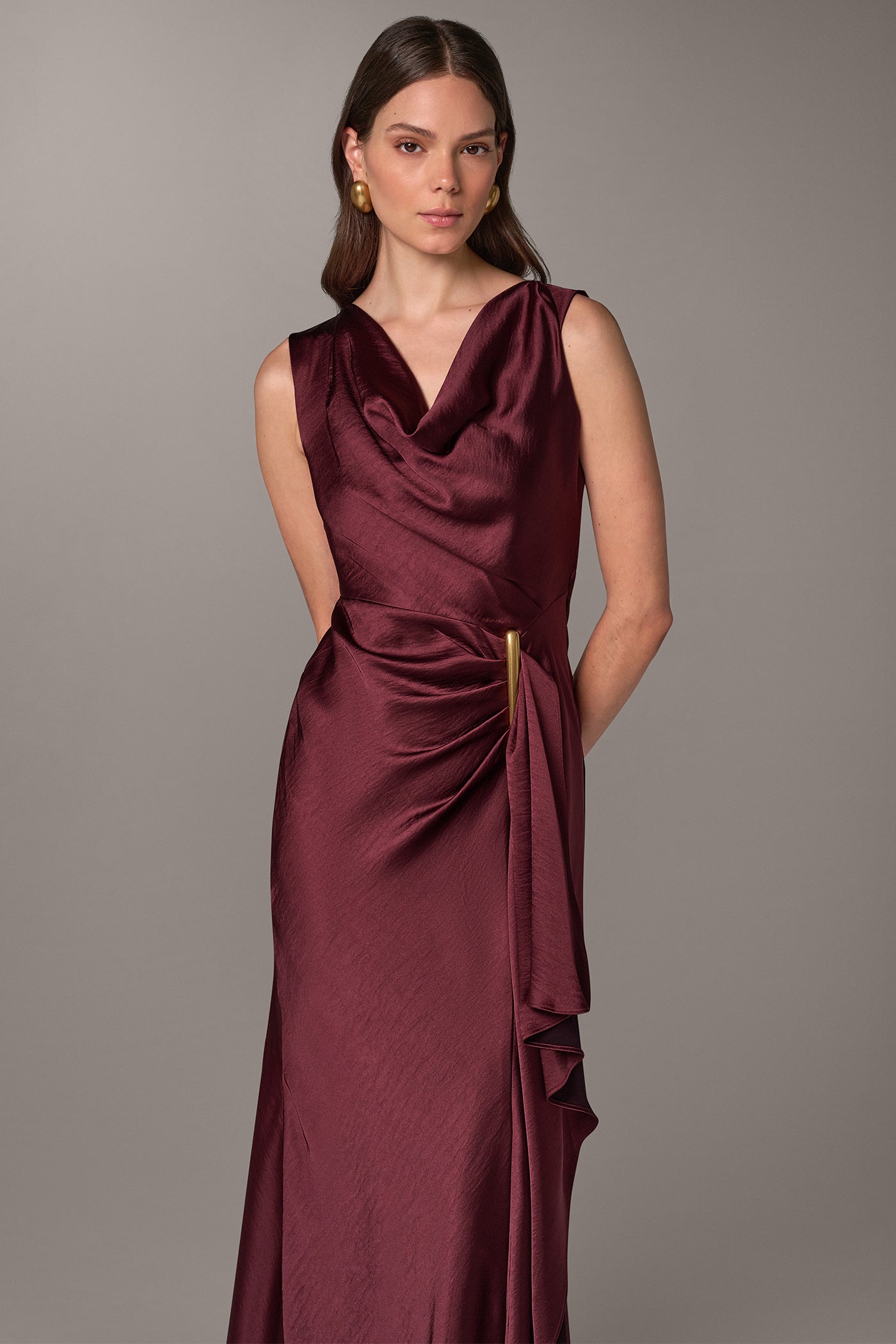 SATIN COWL NECK RUFFLE GOWN VIEW 6